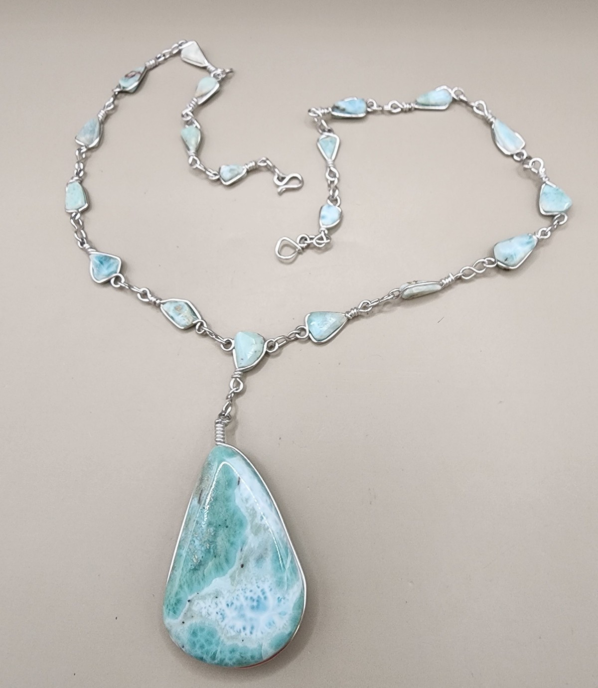 Massive Natural Larimar Teardrop Pendant Necklace Wire Wrapped Freeform Links