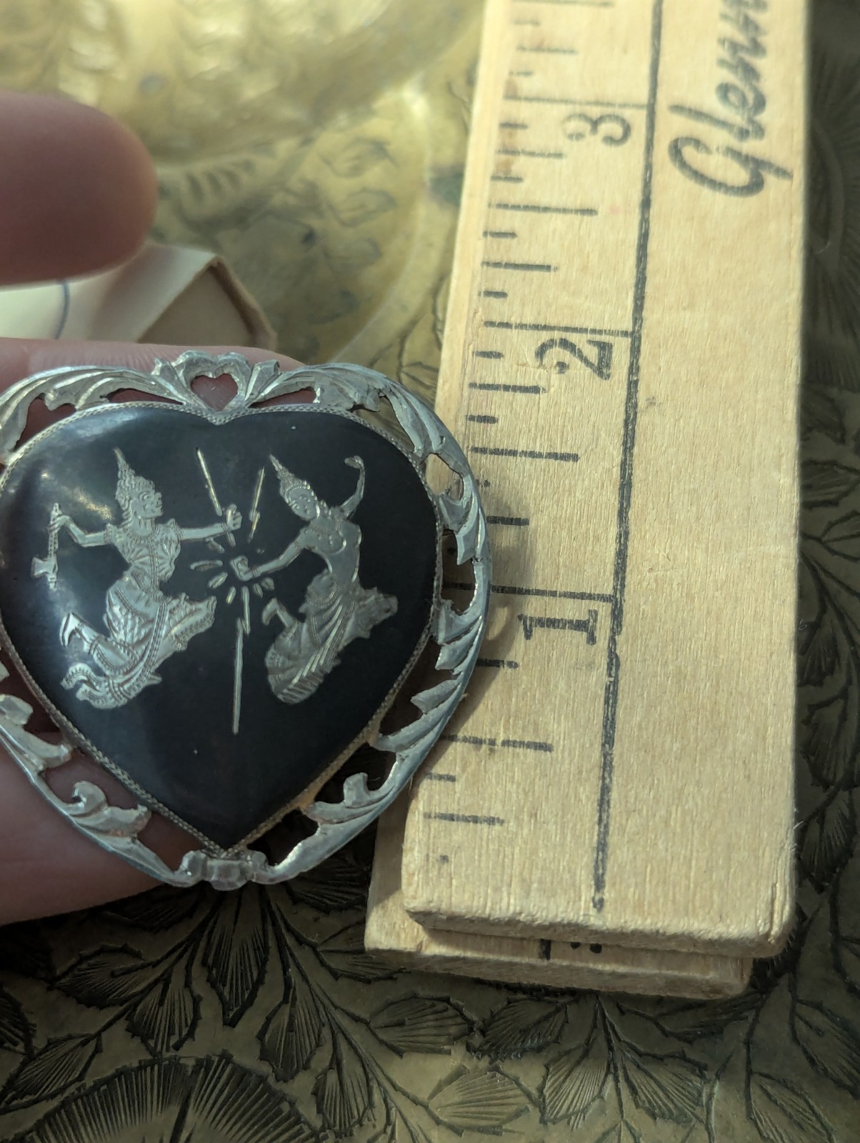 Vintage Siam Sterling Heart Black Niello Brooch Pin Lightning Goddess Love Art