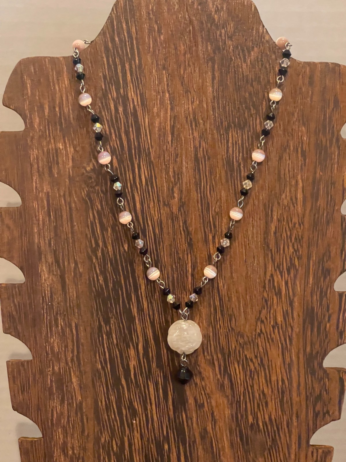 Vtg Choker Necklace With CARVED ROSE QUARTZ Pendant Faceted Black and AB Beads