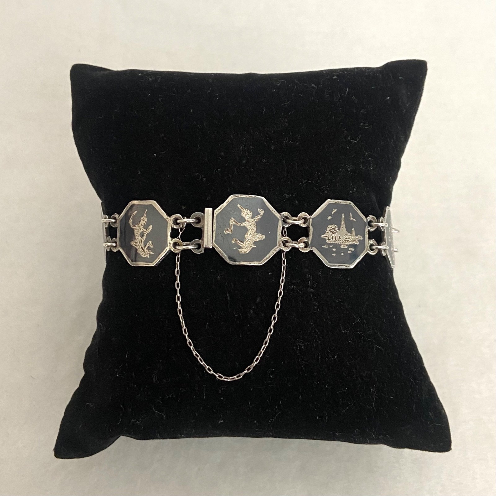 VTG Siam Sterling Silver 925 Niello Black Enamel Panel Bracelet 6.75″