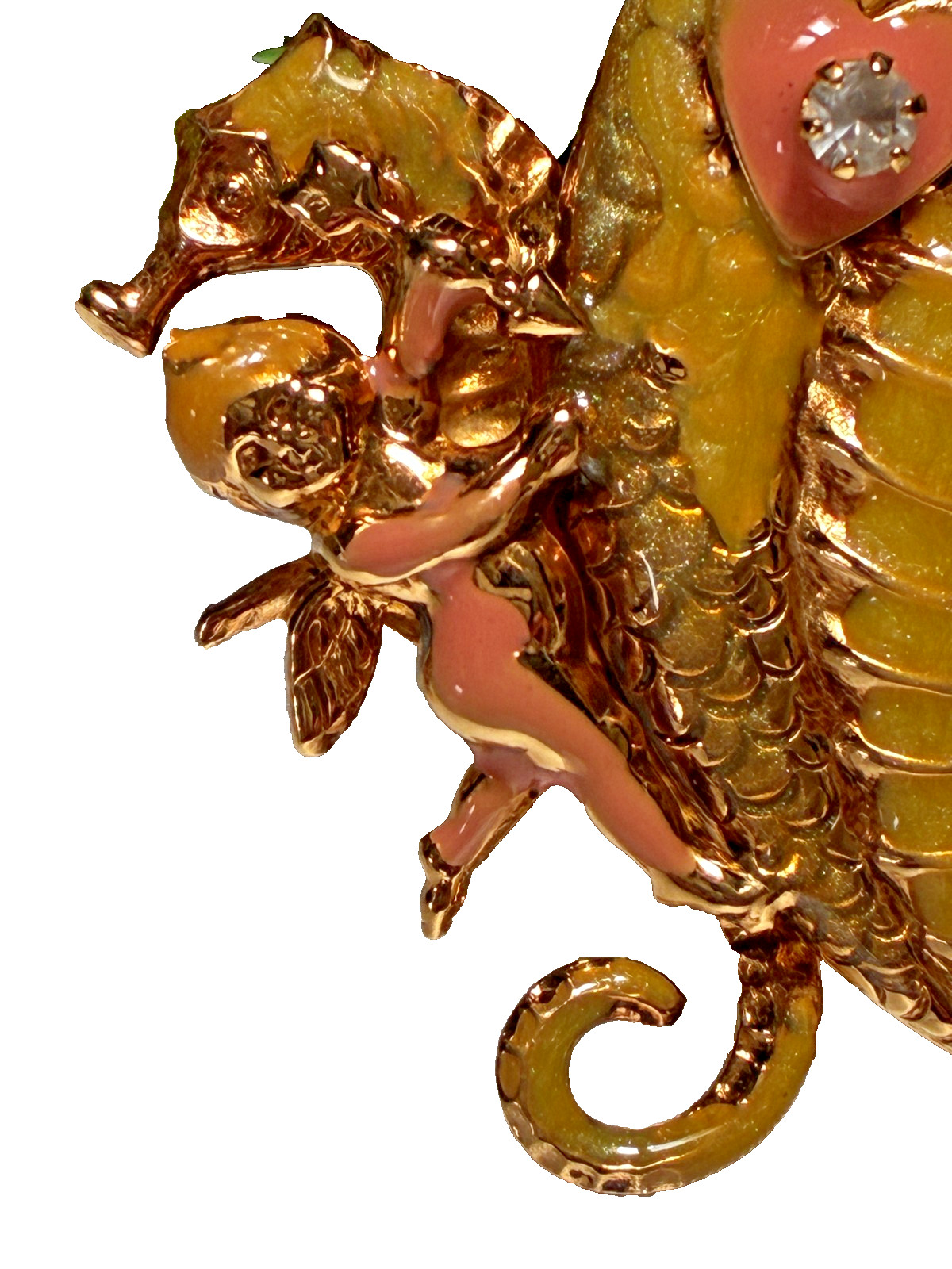 Vintage Kirks Folly Seahorse Cherub Angel Heart Rhinestone Enamel Brooch.