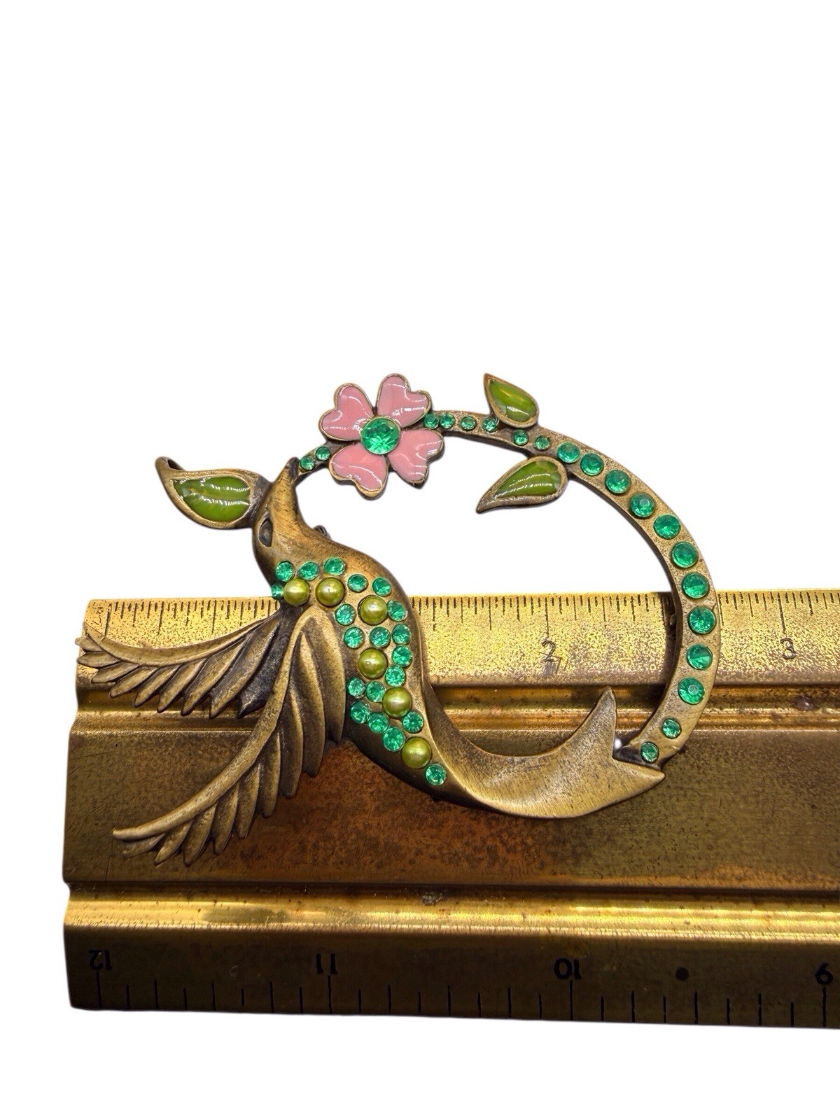 Vintage Green Rhinestone and Faux Pearl Hummingbird Pink Enamel Flower Brooch A9