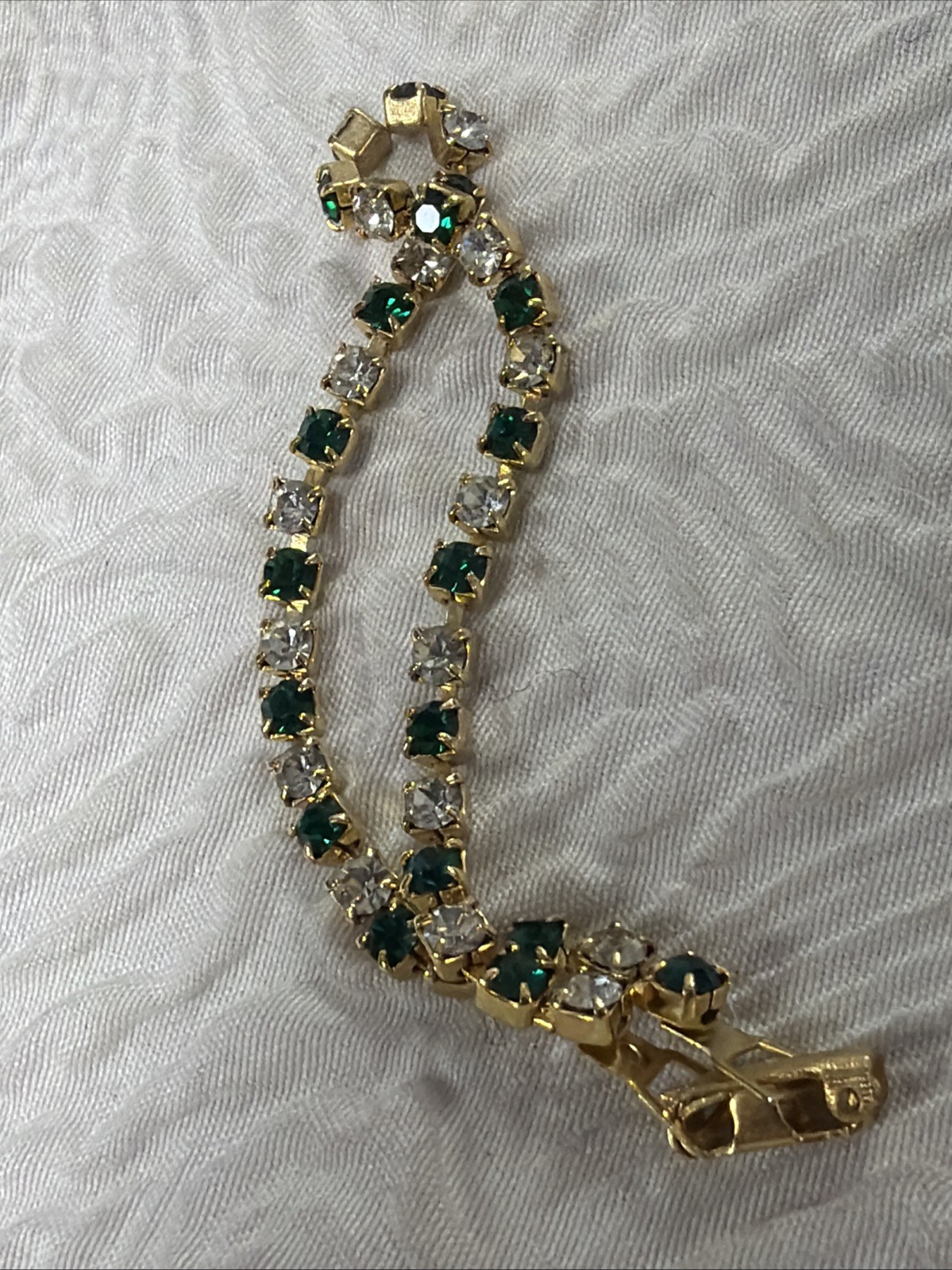 Vintage Eternity Alternating Emerald and Crystal Gold Plated 6.5” Bracelet