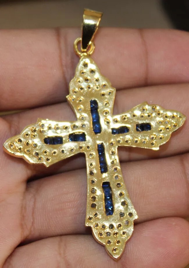 2.11ct Rose Cut Diamond Sapphire 925 Sterling Silver Anniversary Cross Pendant