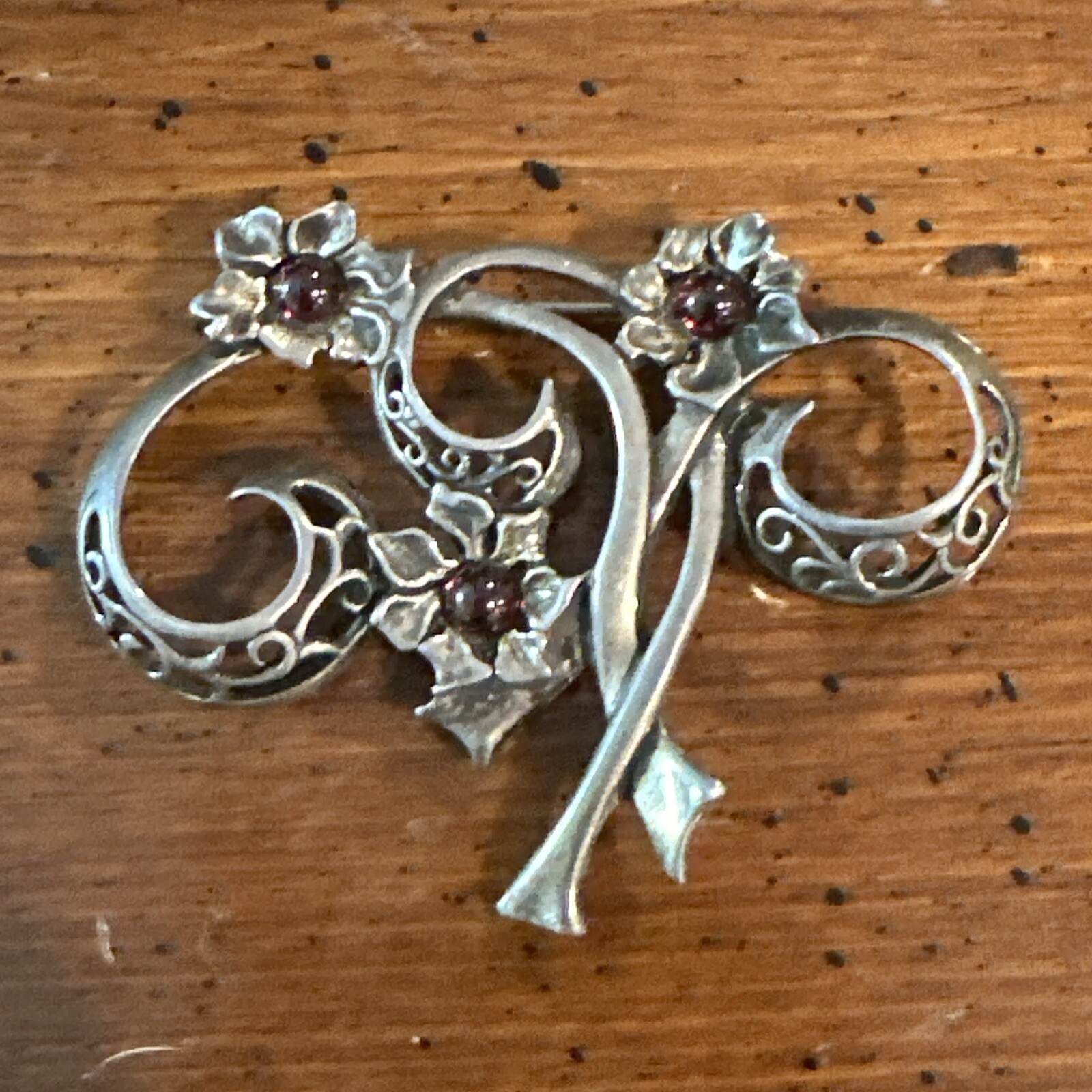 Sterling Silver Garnet Red Stone Brooch Signed Jz Jezlaine 925