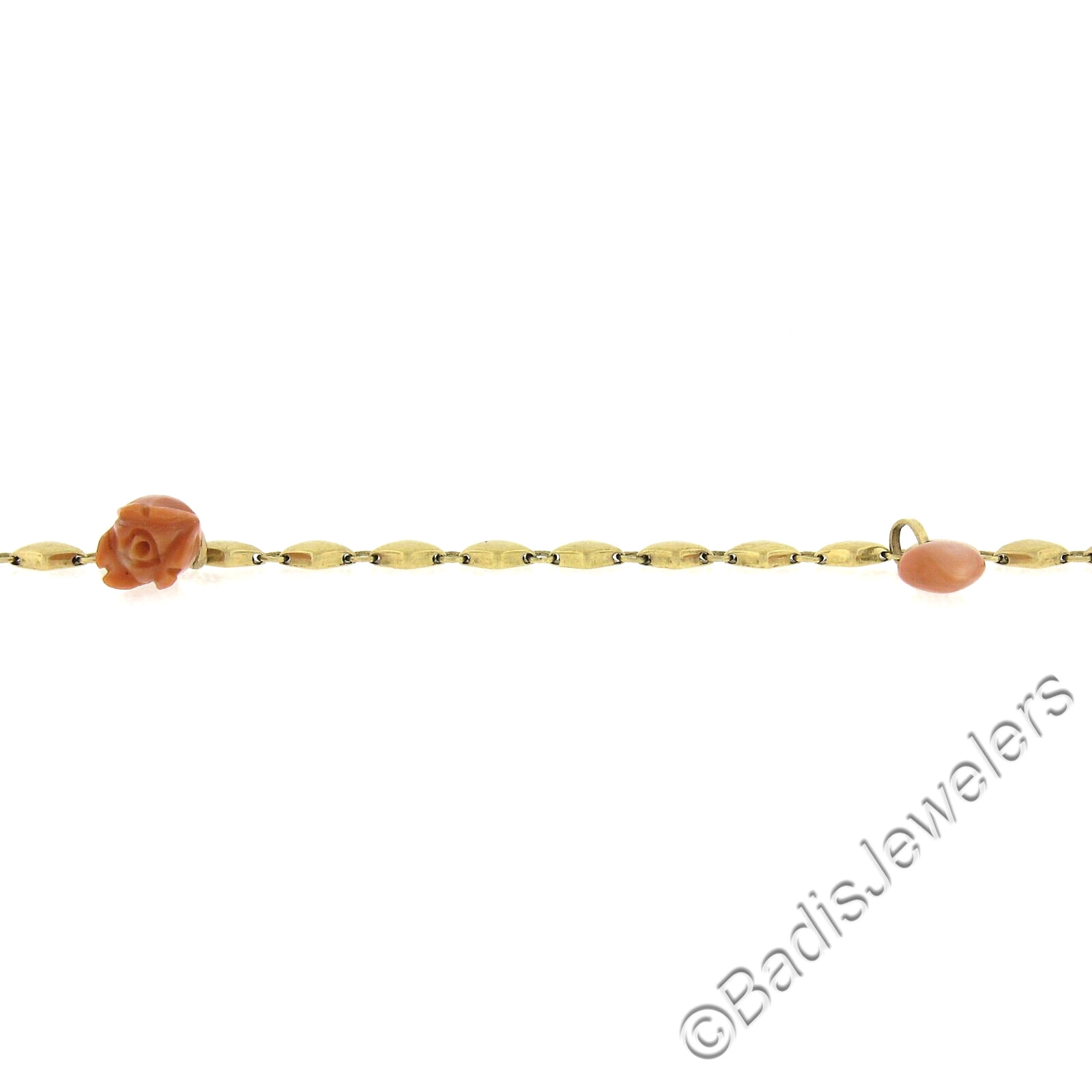 Vintage 14k Gold 6.75″ Lozenge Shaped Link Bracelet w/ Coral Rose & Heart Charms