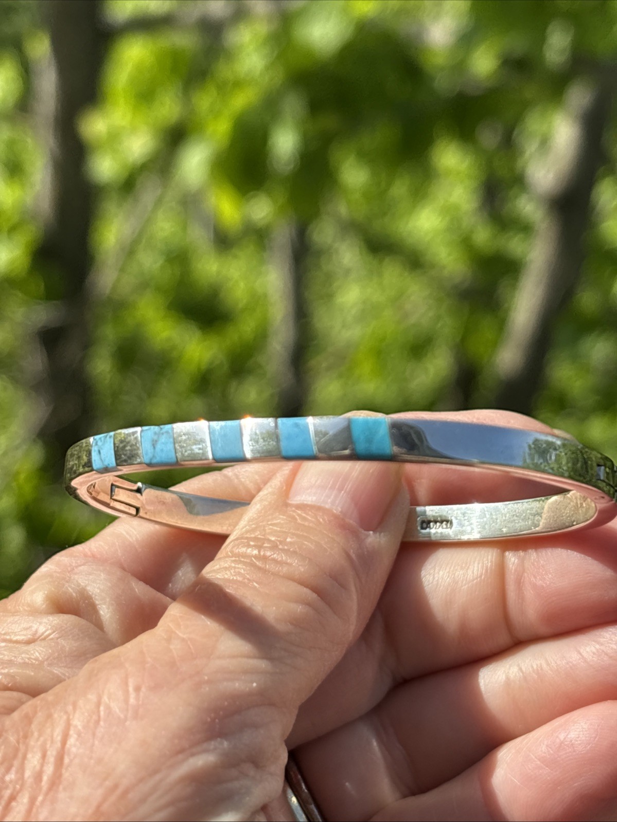 ATI Mexico 925 Sterling Silver Turquoise Hinged Bangle Bracelet Signed
