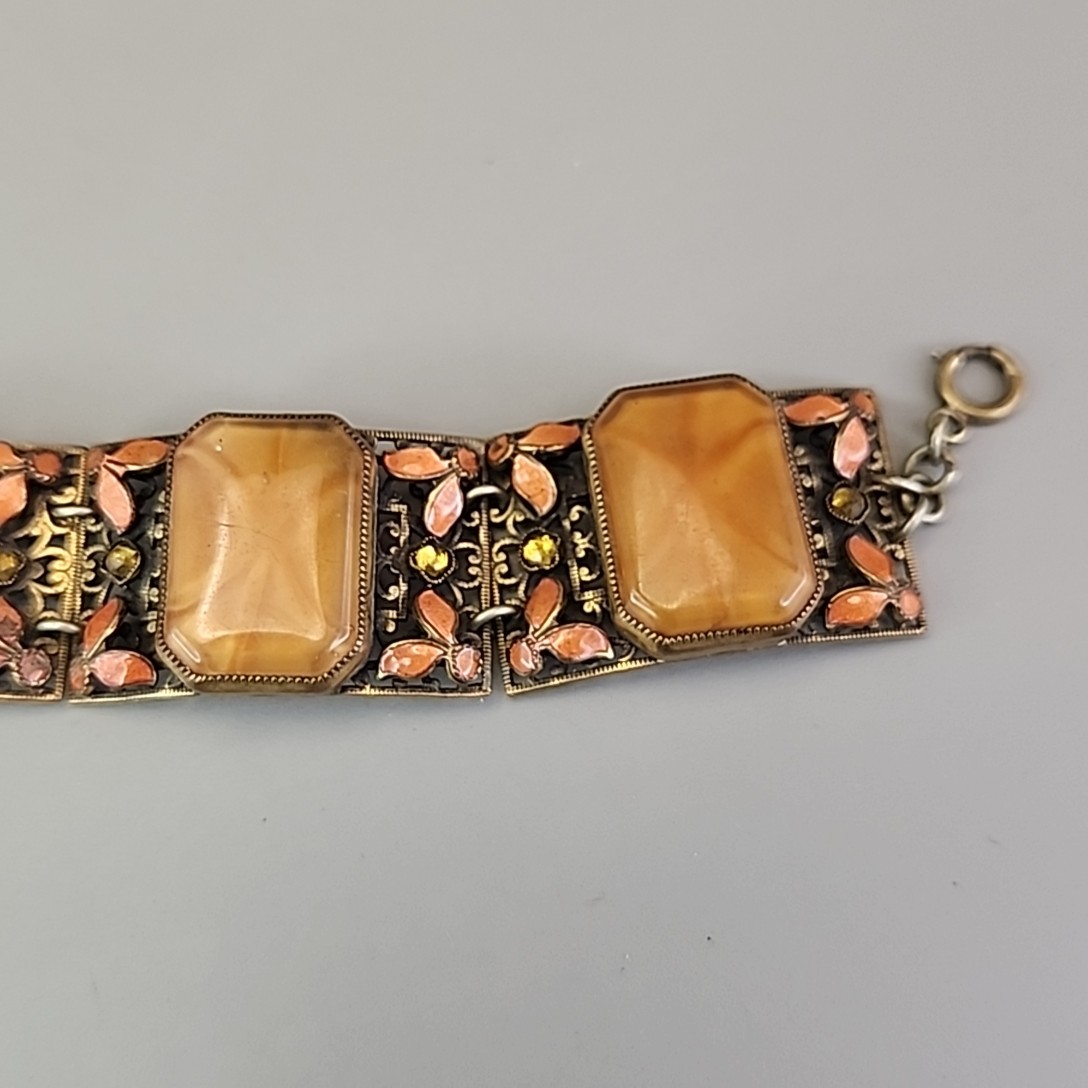 Vintage Panel Bracelet Brown Faux Star Sapphire Peach Enamel Fall Autumn 7.25″