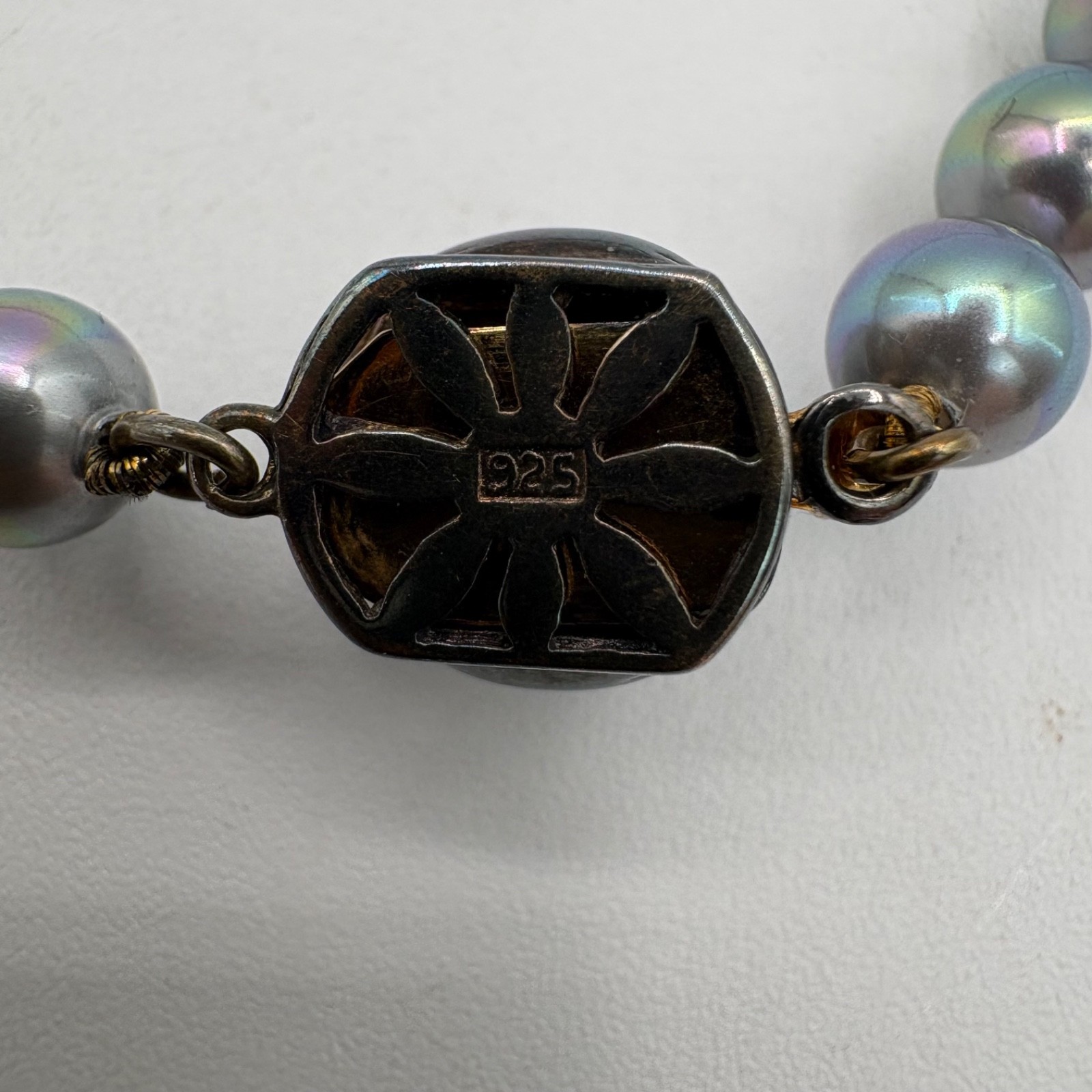 Vtg Hand Tied Tahitian Peacock Faux Pearl 16″ Necklace 925 Clasp