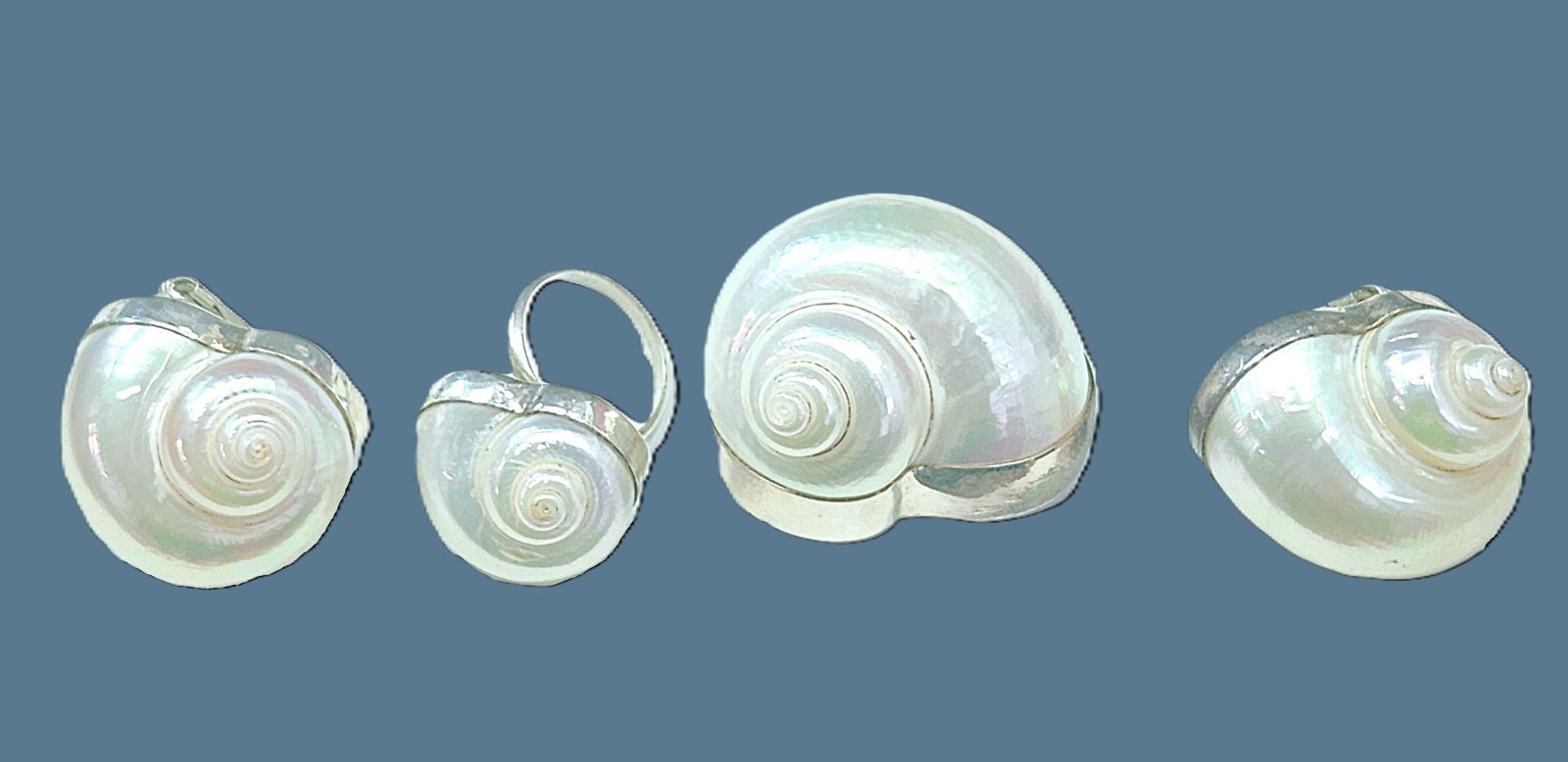 Vtg Betsy Fuller Sterling Silver Seashell Parure Set – Earrings, Brooch and Ring