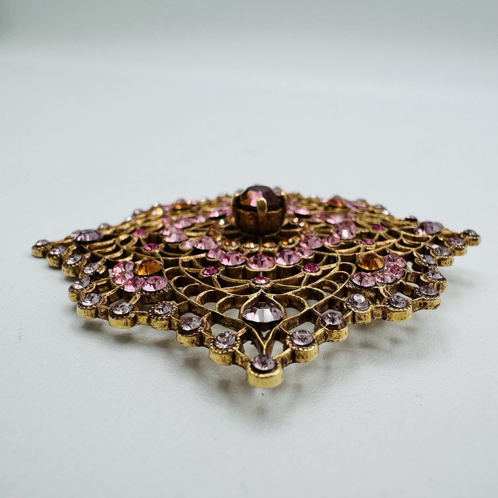 VTG Filigree Rhinestone Brooch Pink Purple Orange Victorian Revival Mandala