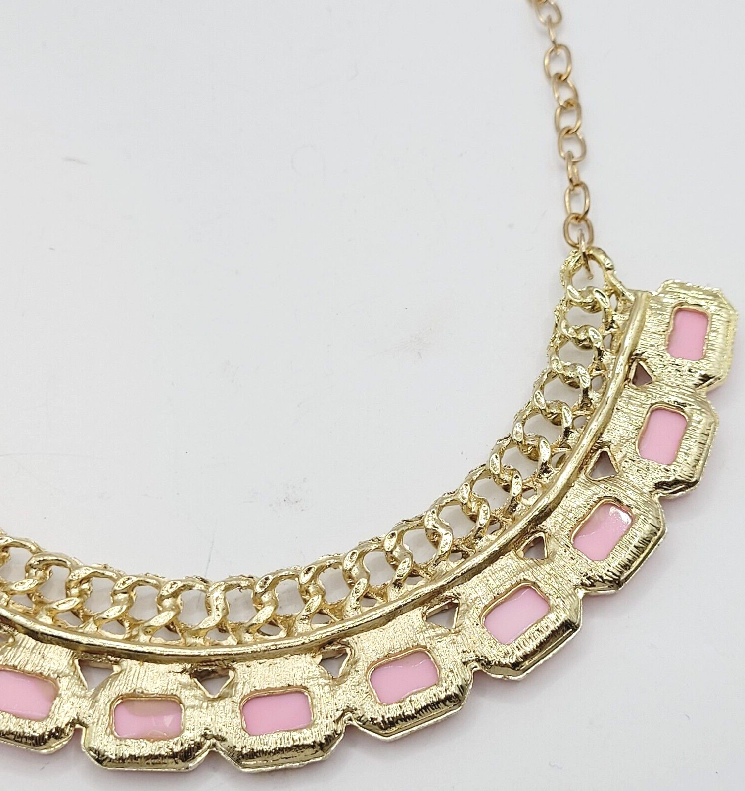 Fancy Rhinestone & Pink Acrylic with Milkglass Style Vintage Gold Tone Necklace