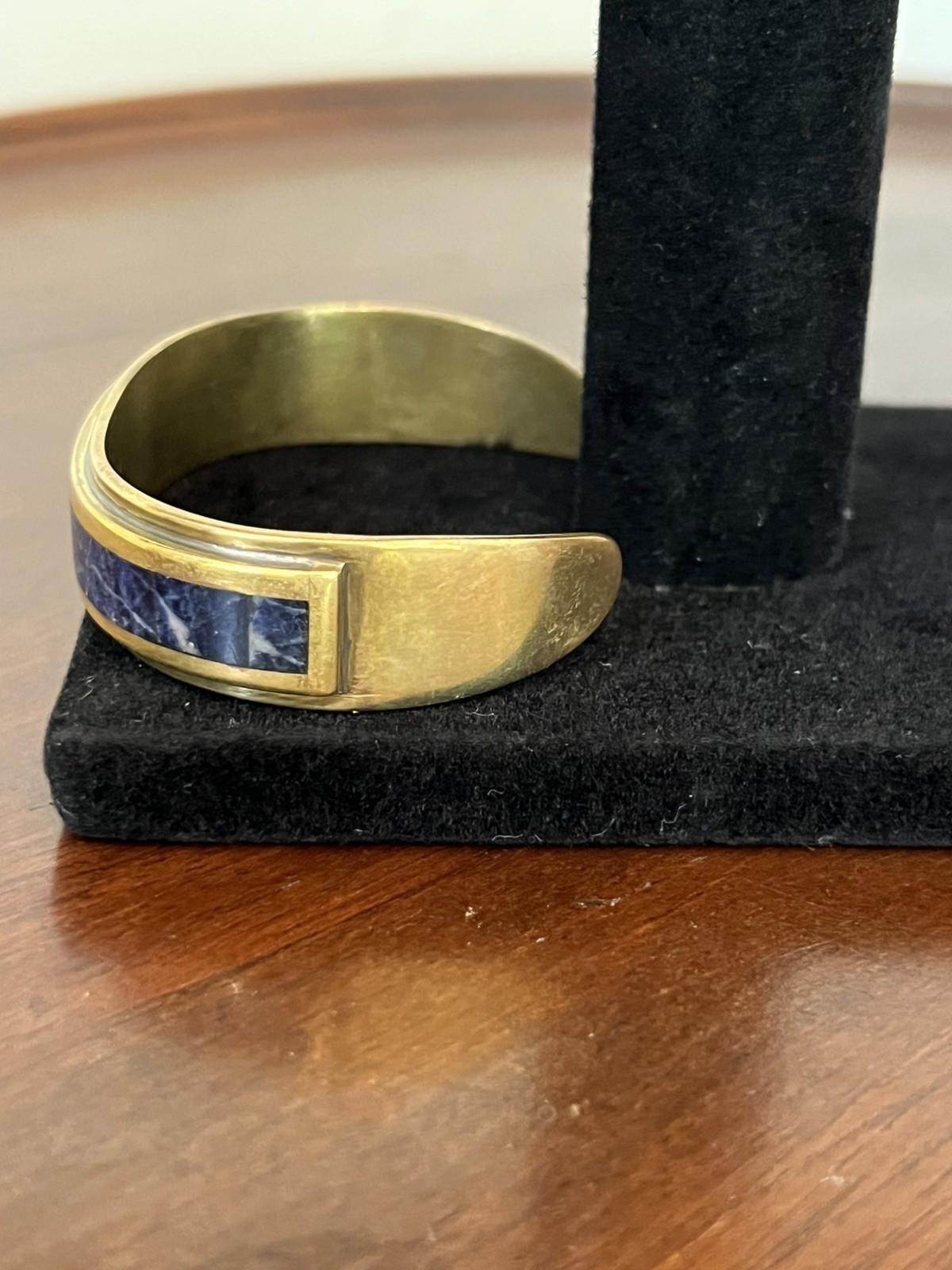 Vintage Brass Cuff Bracelet with Blue Stone Inlay MCM Small 5.5″