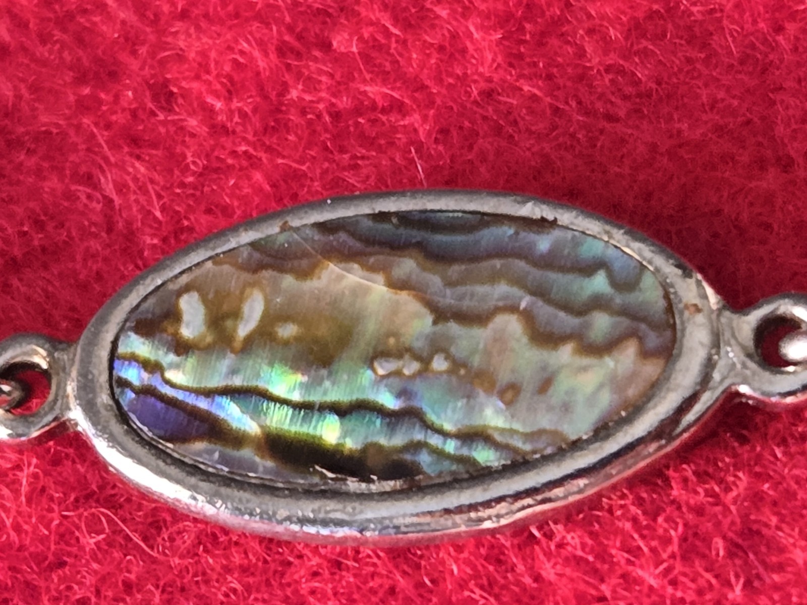 Vintage Abalone Shell Bracelet Oval Link Iridescent Paua Silver Tone