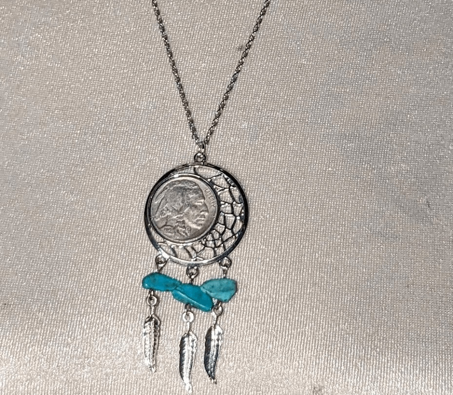 1929 Genuine Buffalo Nickel Faux Turquoise Stones Silver Tone Feather Pendant