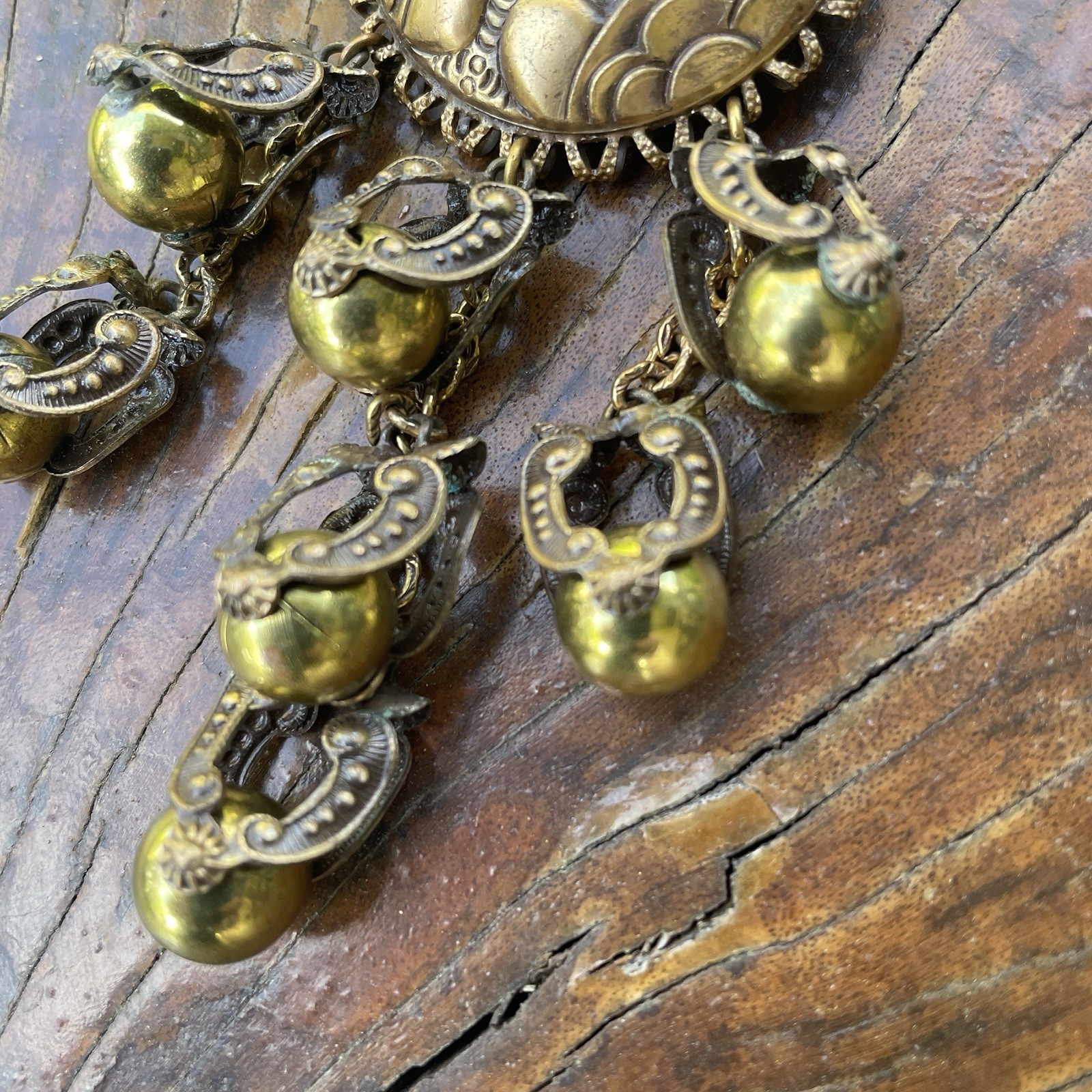 Sterling Button Company NY Brass Repousse Festoon Brooch Unsigned Statement