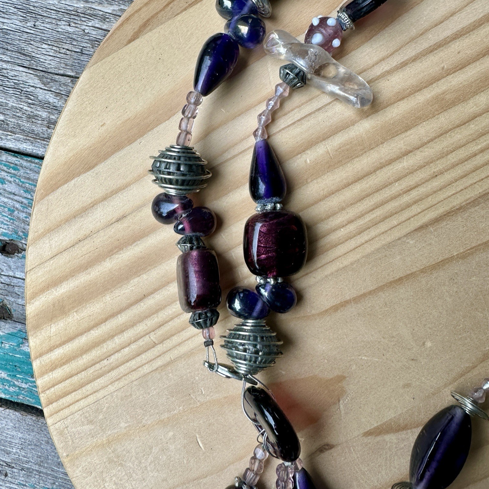 VTG Artisan Beaded Necklace 41 Inch Metal Art Glass Statement Tassel Multicolor