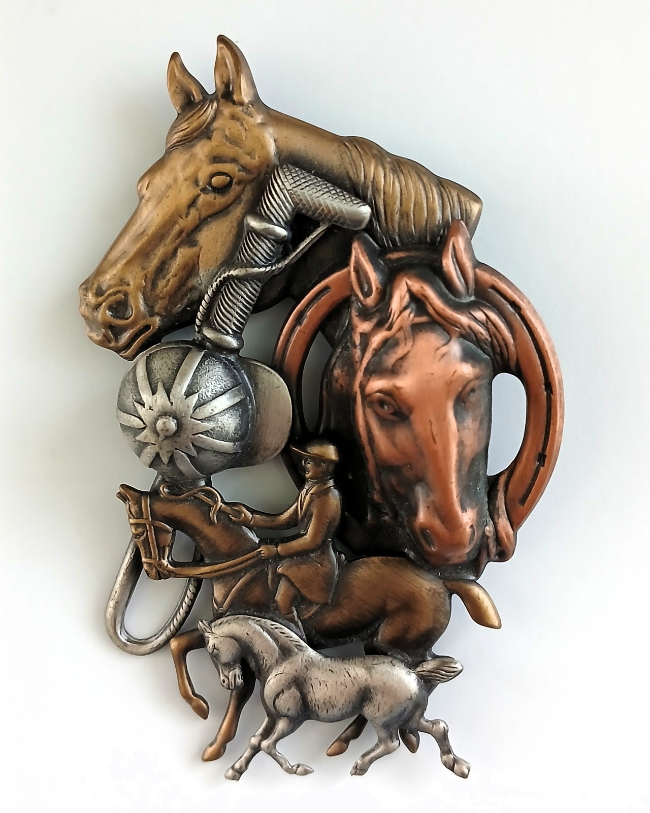 Large Equestrian-Themed Horses & Jockey Brooch Copper Brass & Silver Tones VTG