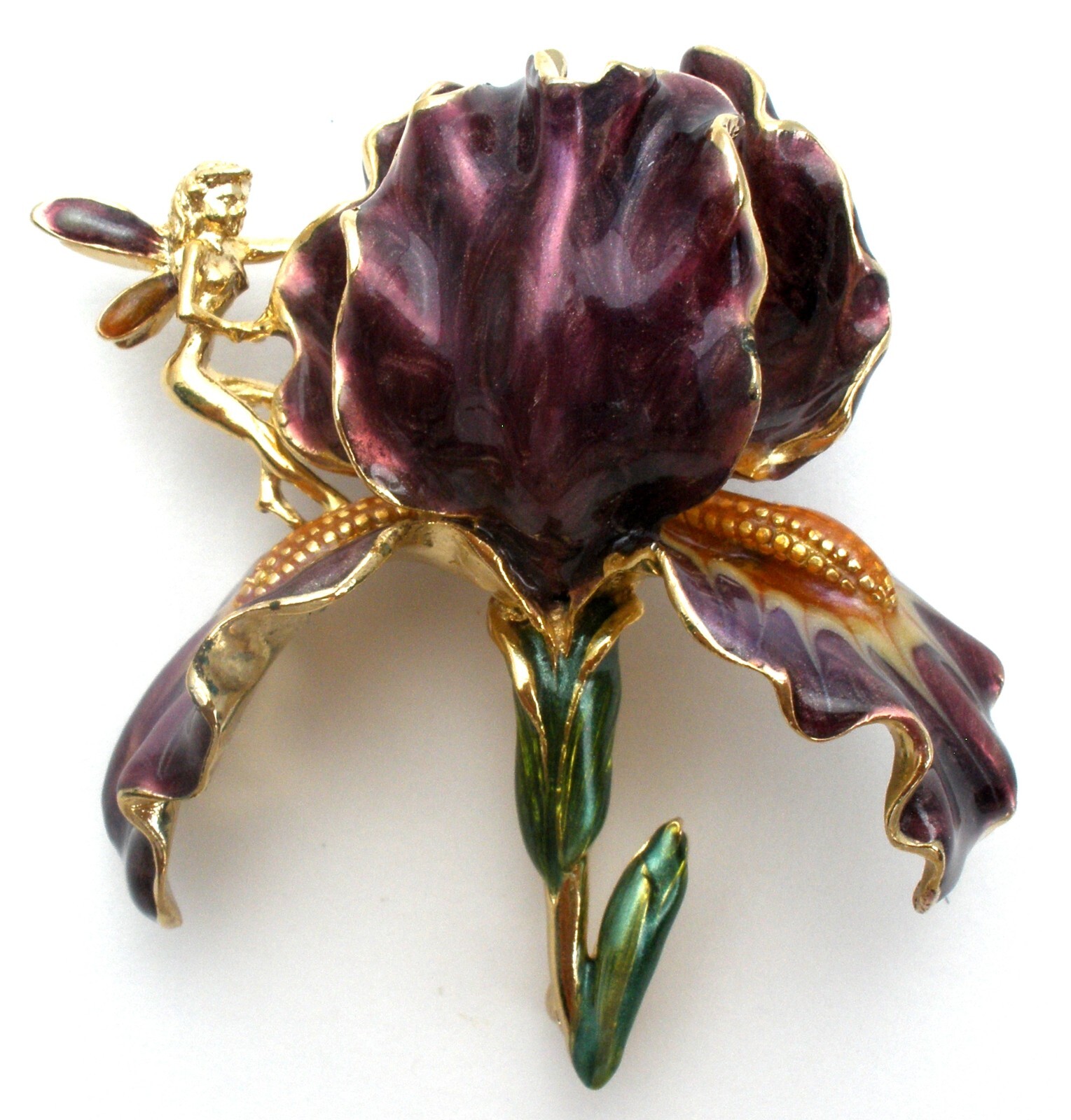 Kirks Folly Signed Brooch Purple Iris Enamel Orchid Pin With Golden Fairy