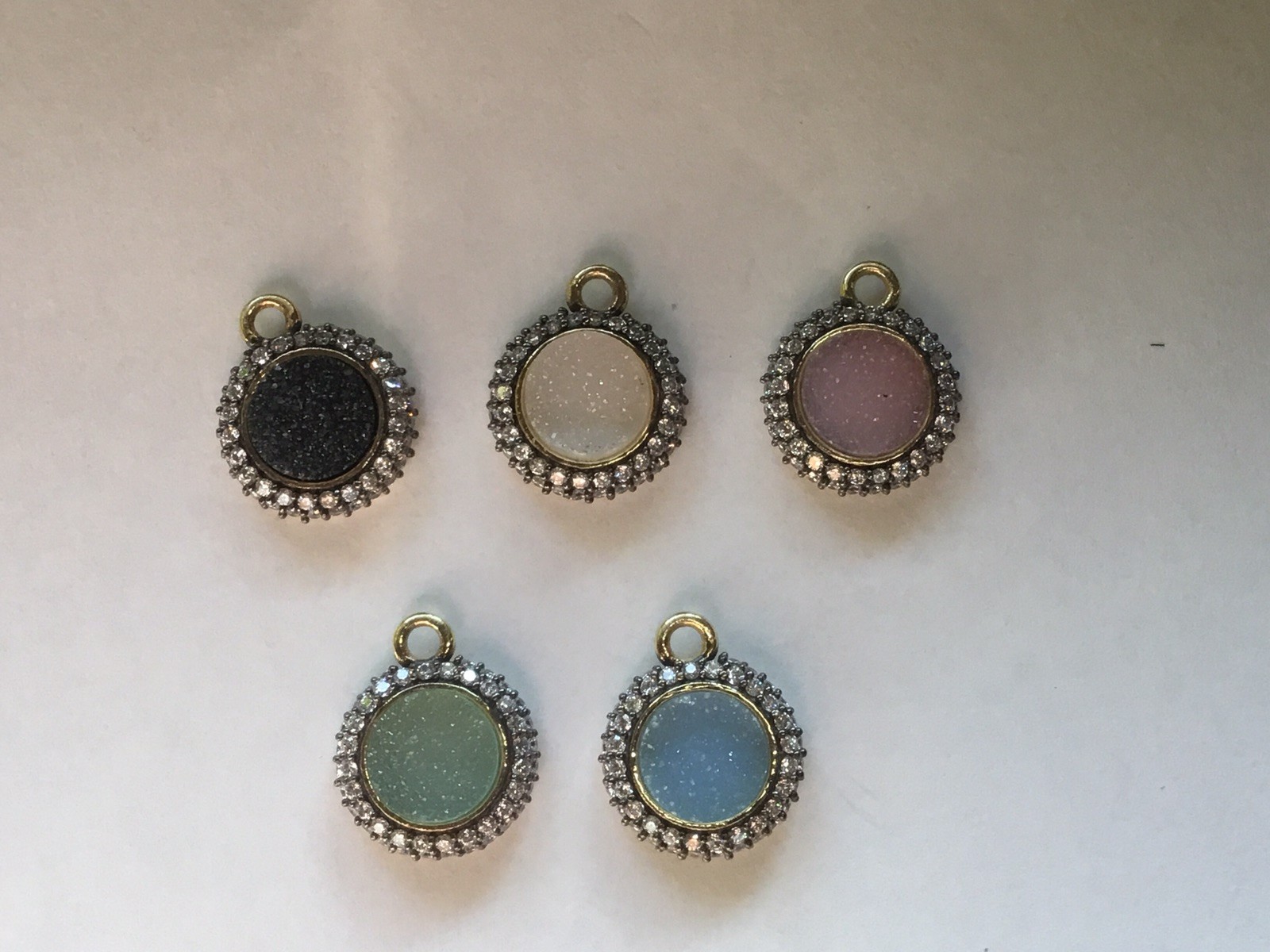 Natural/dyed round Druzy with clear topaz, GP/SS Pendant Charm, 5 pcs SET