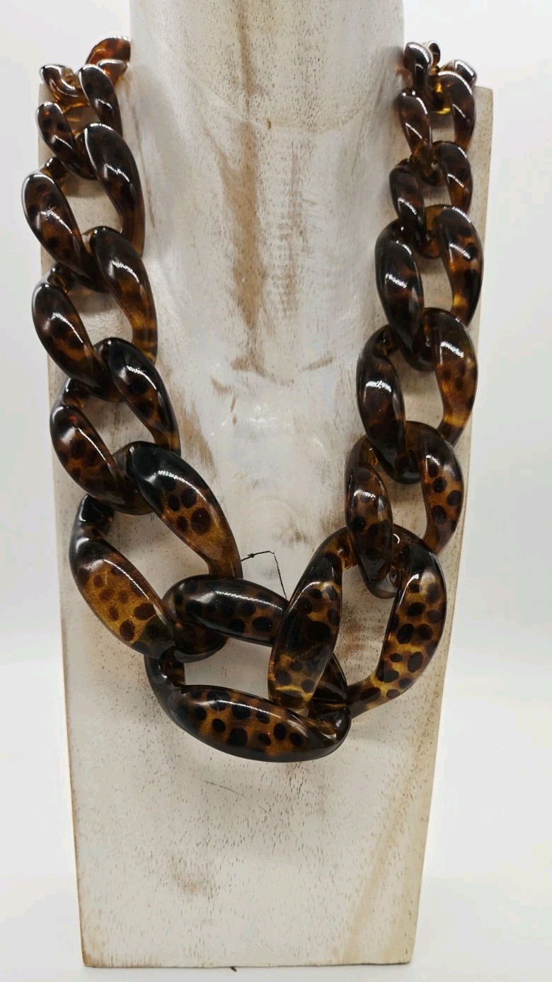 Faux TORTOISE SHELL Necklace WIDE Lucite Acrylic Chain Link Rings Graduated 23″