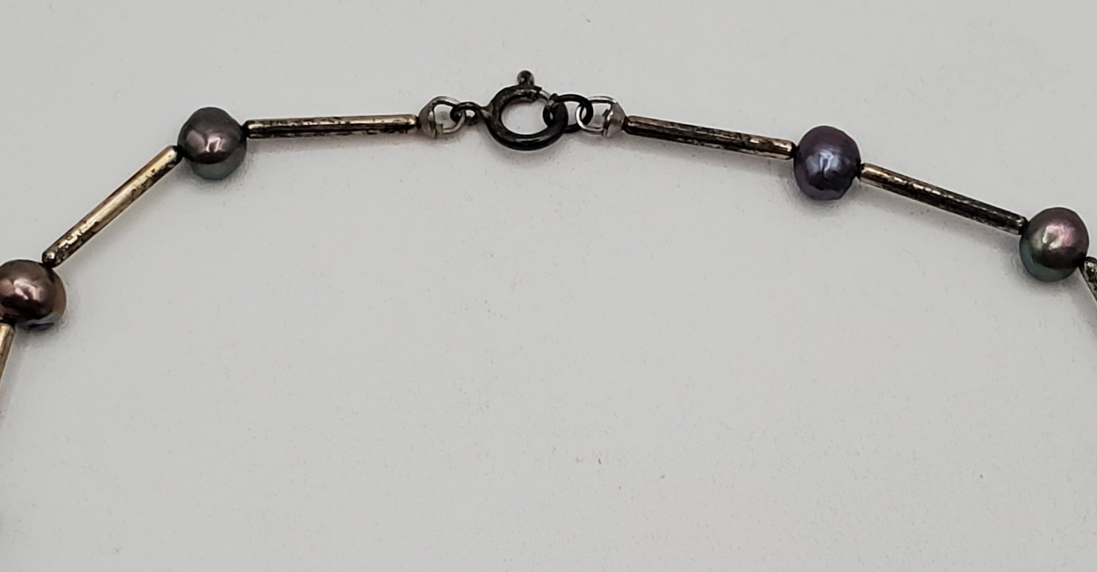 VTG 925 Peacock Pearl Necklace 16in Sterling Silver Bar Links 7g Gray Station