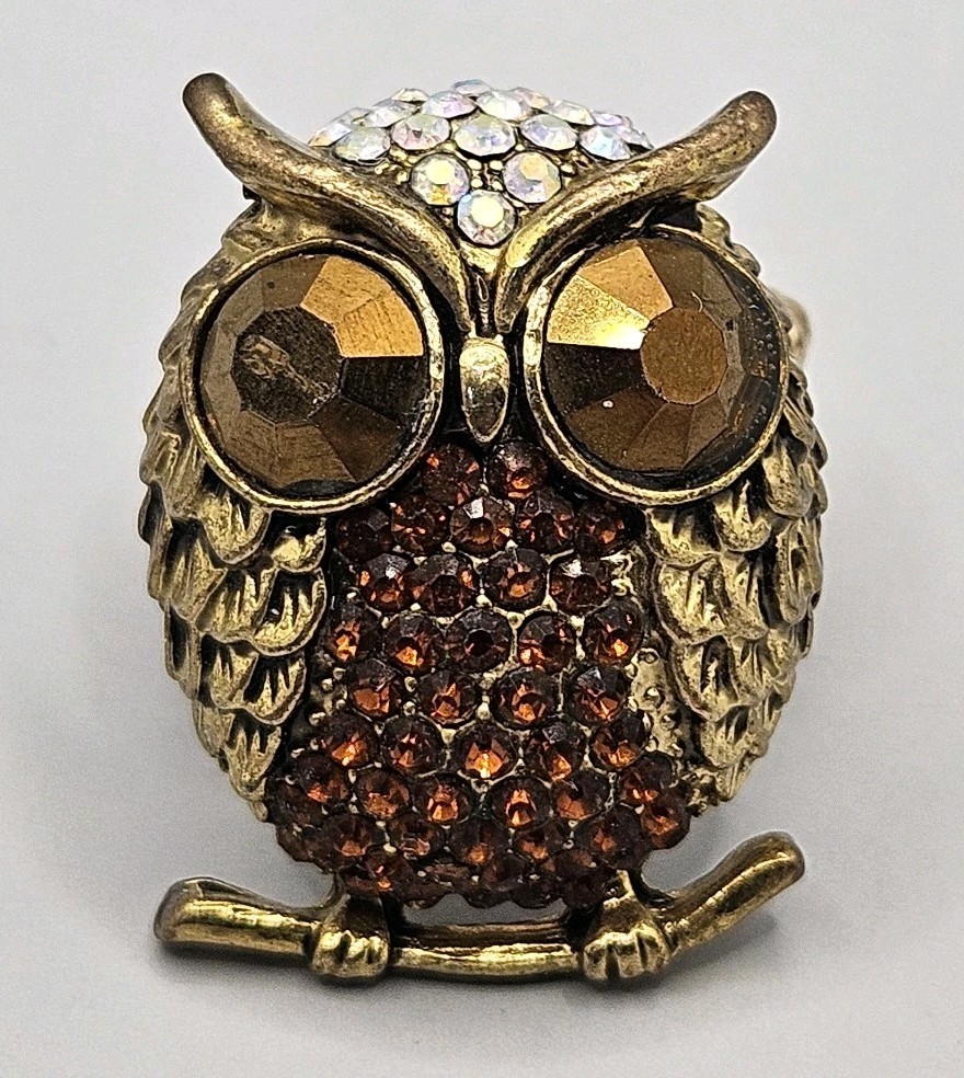 Vintage AB Rhinestone Owl Ring Gold Tone Stretch Band Chunky Large Cocktail Bird