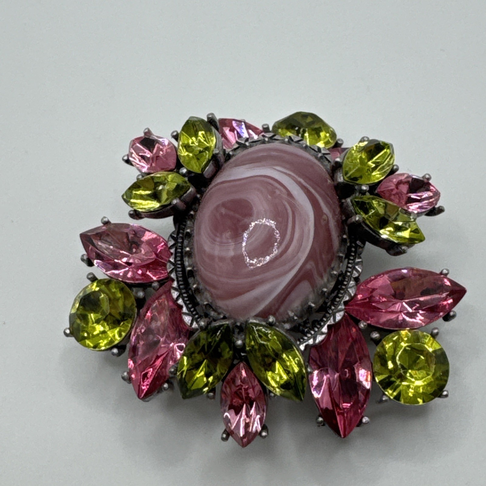 Vintage Flower Large Pink Center Stone with Pink and Green Crystals Brooch Pin