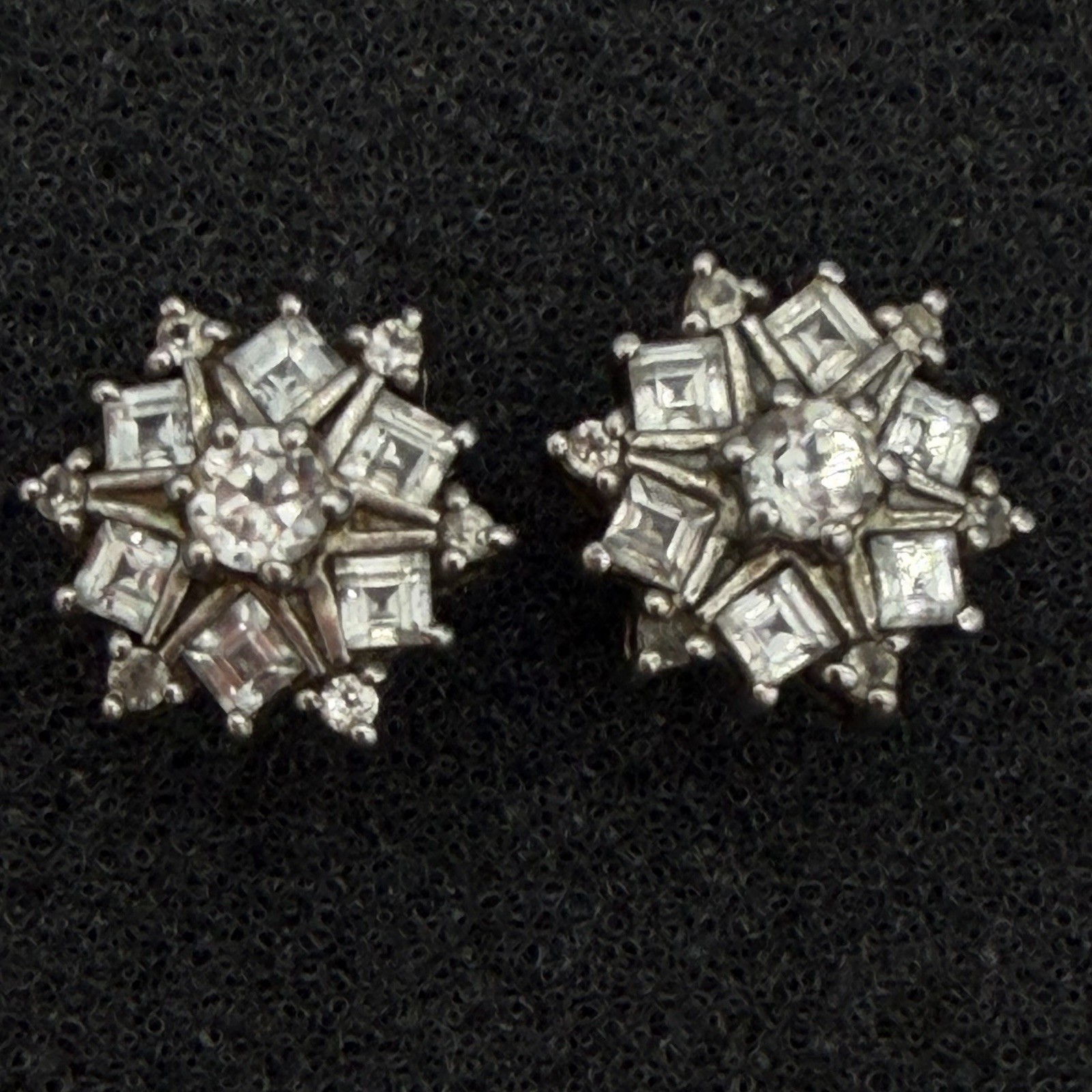 Vtg HSN Sterling Silver White Topaz Earrings Bezel Set Snowflake Starburst STS