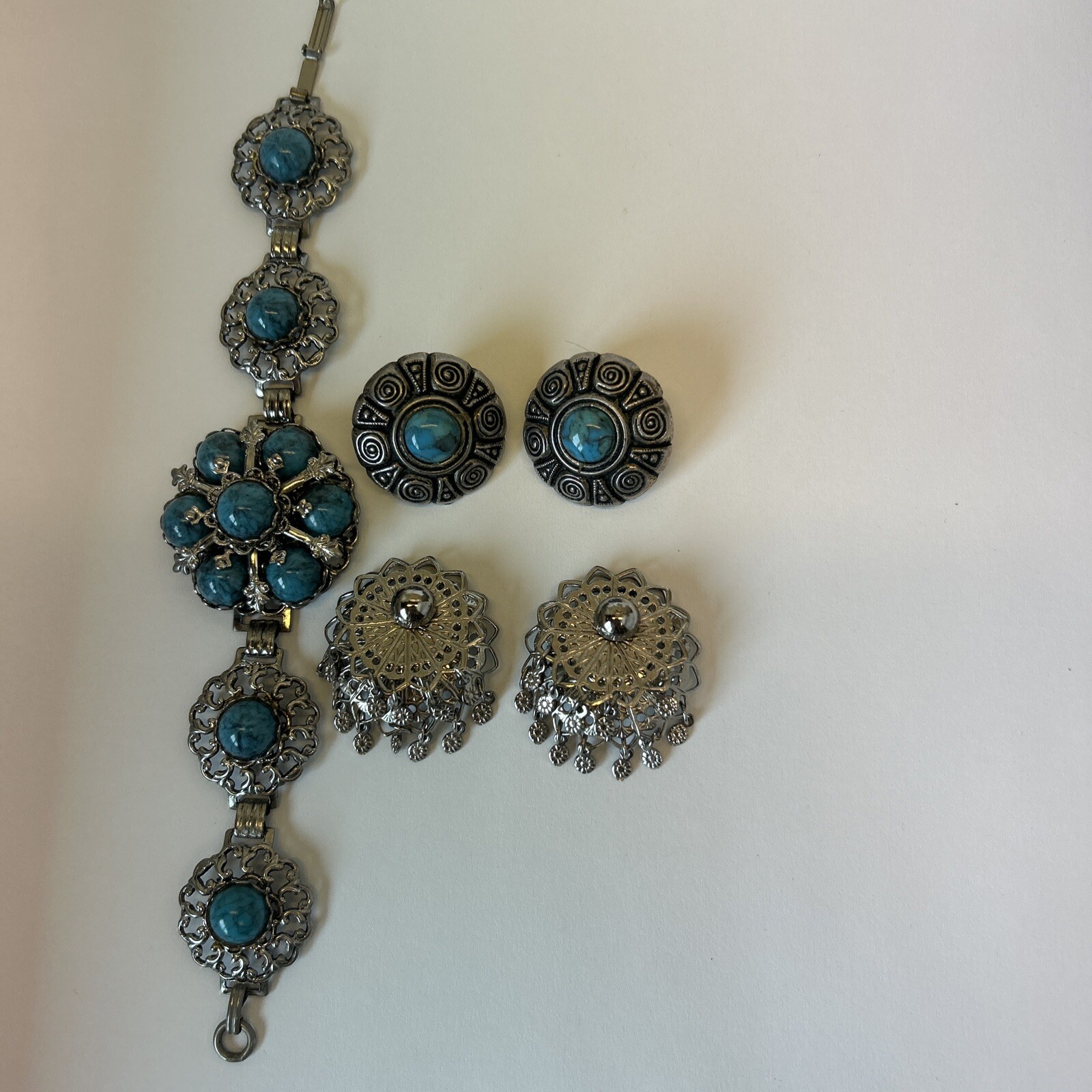 Faux Turquoise Bracelet 2 Earrings Silver Tone Southwestern Boho Tribal Filigree