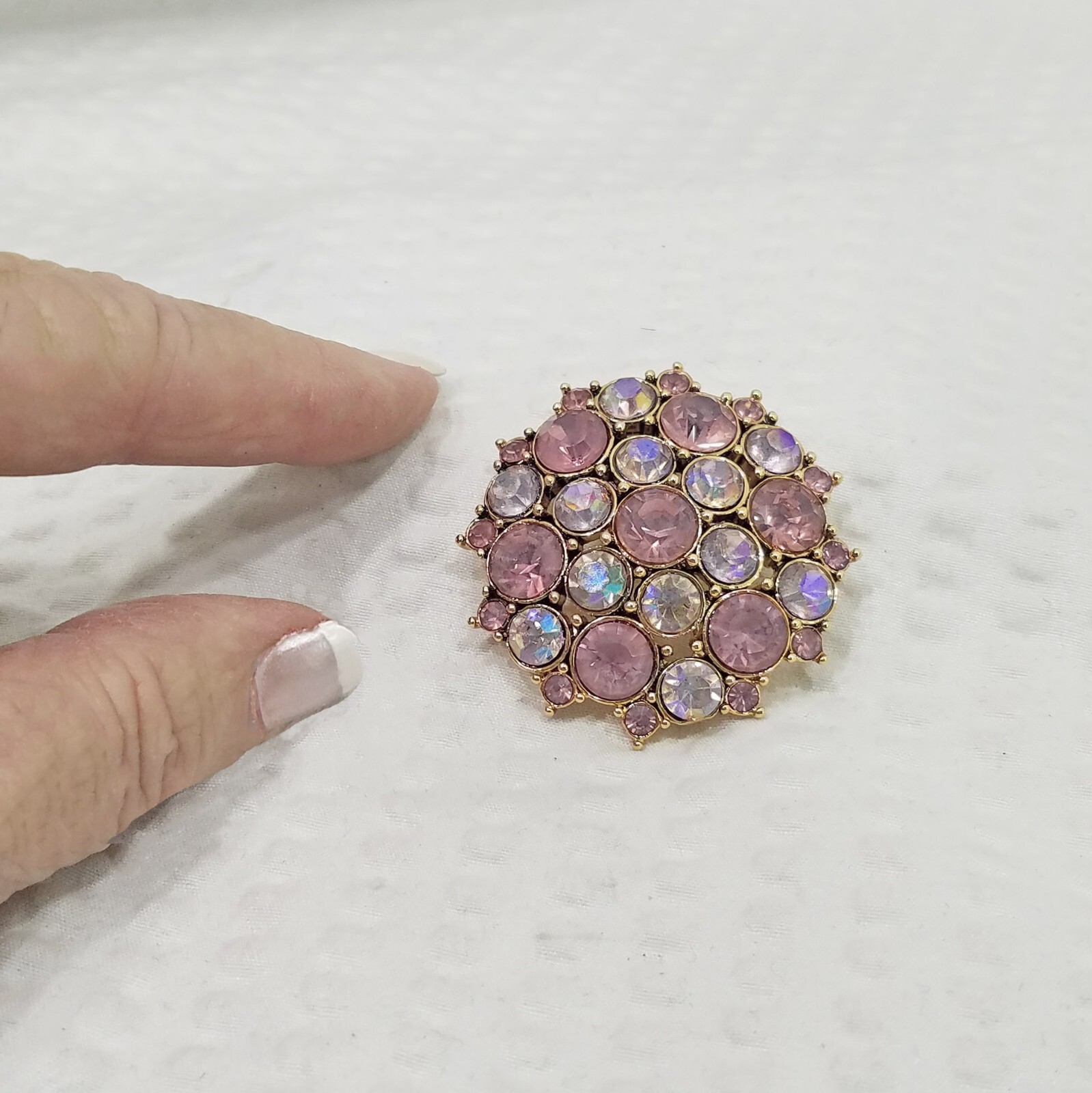 Vintage Domed Muted Pink and Clear Crystal Gold Tone Cluster Brooch Pin