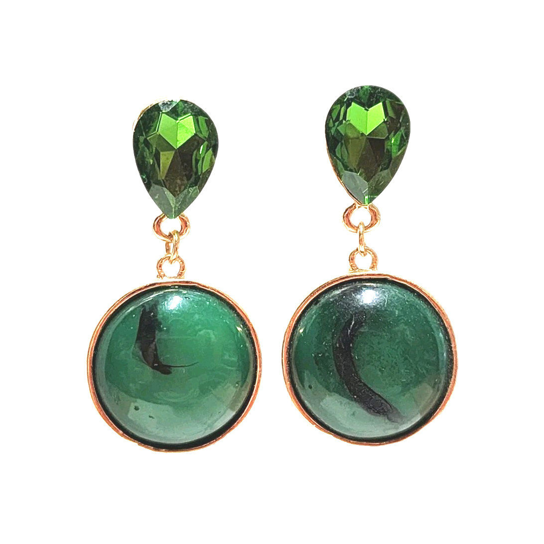 Vintage Green Faux Stone Rhinestone Gold Tone Dangle Earrings Teardrop Round GUC