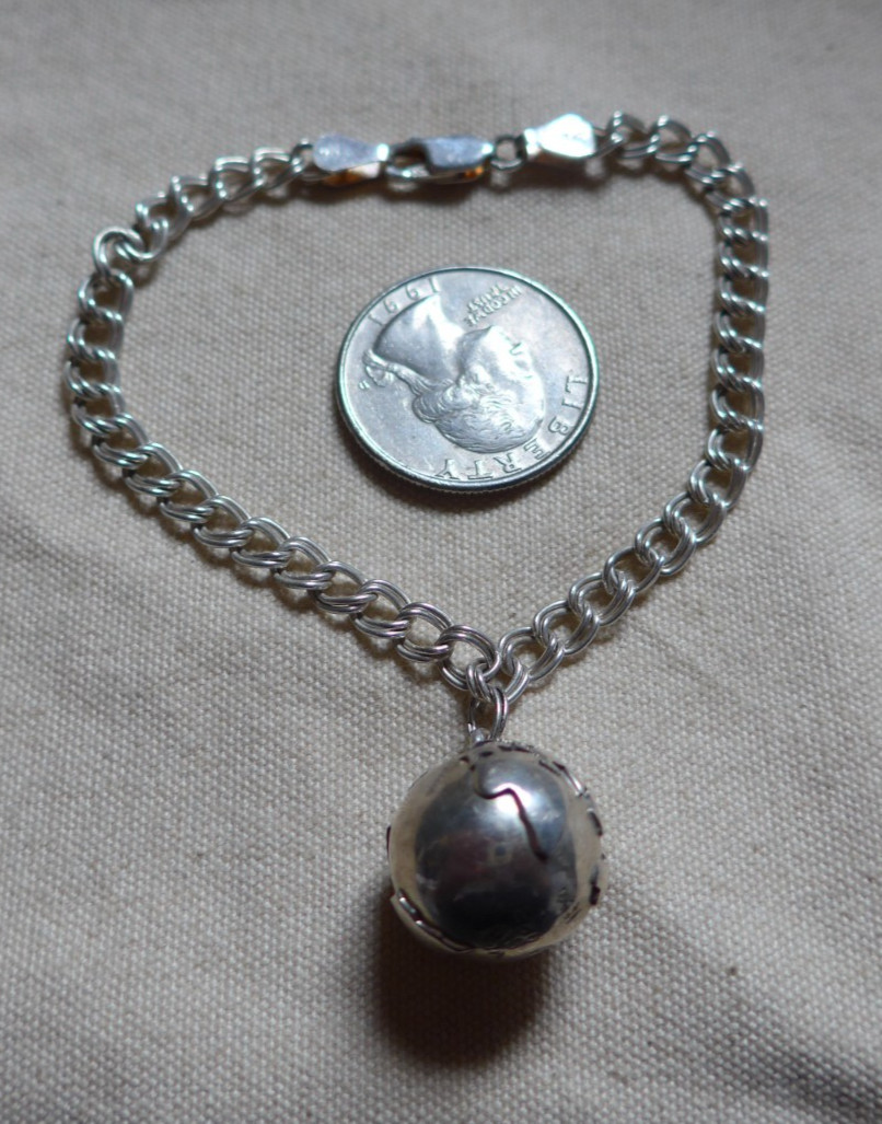 vtg Sterling Silver Round Globe Jingle Bell Charm Starter Bracelet 7″ 13.5g
