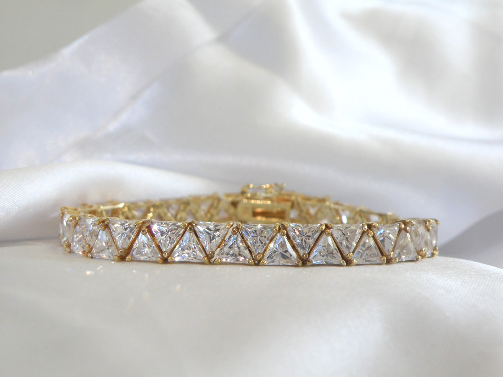 Vintage Sterling Silver 925 Gold Over Trillion Cut CZ Tennis Bracelet 7″