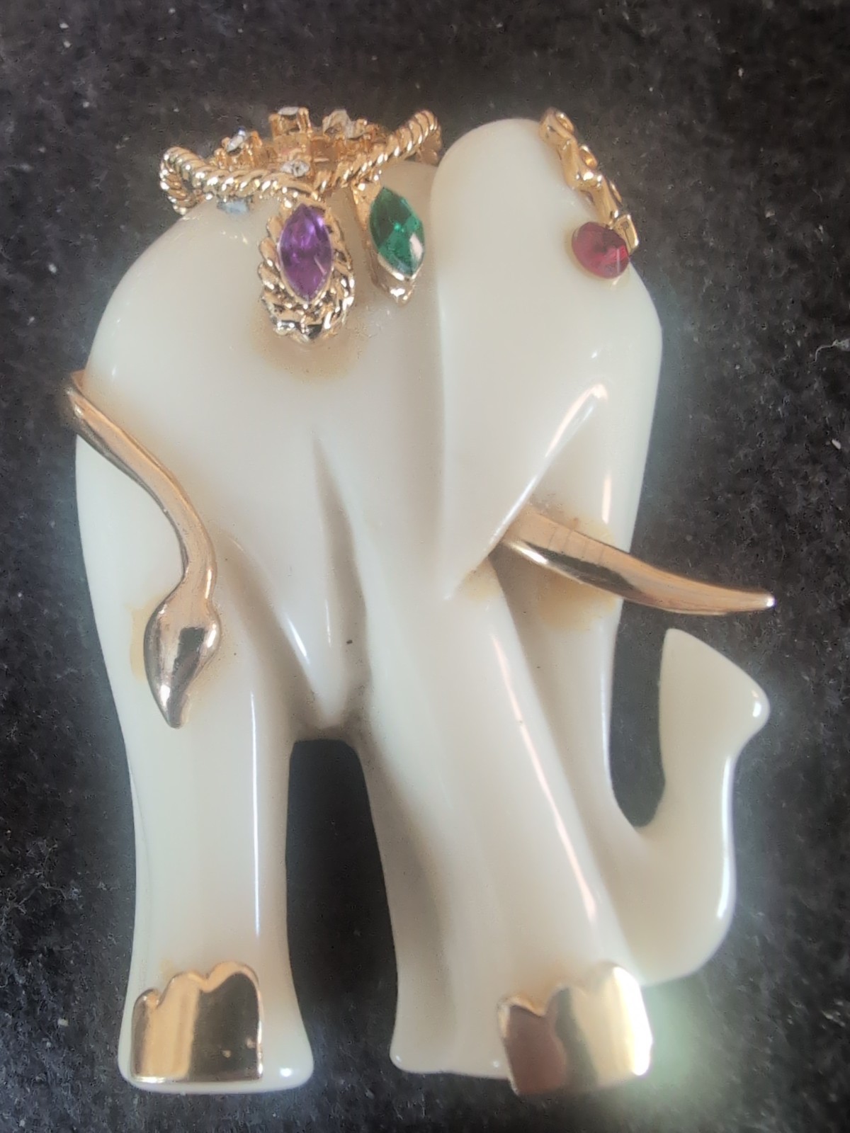 Vintage White Elephant Brooch , Gold Tones, Purple & Green, & Red Rhinestones