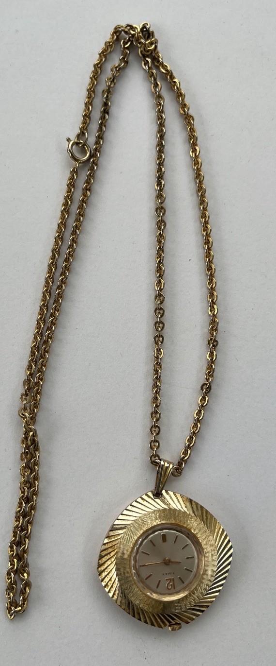 Vintage Signed Timex Gold Tone Aluminum Hand-Wind Necklace Pendant