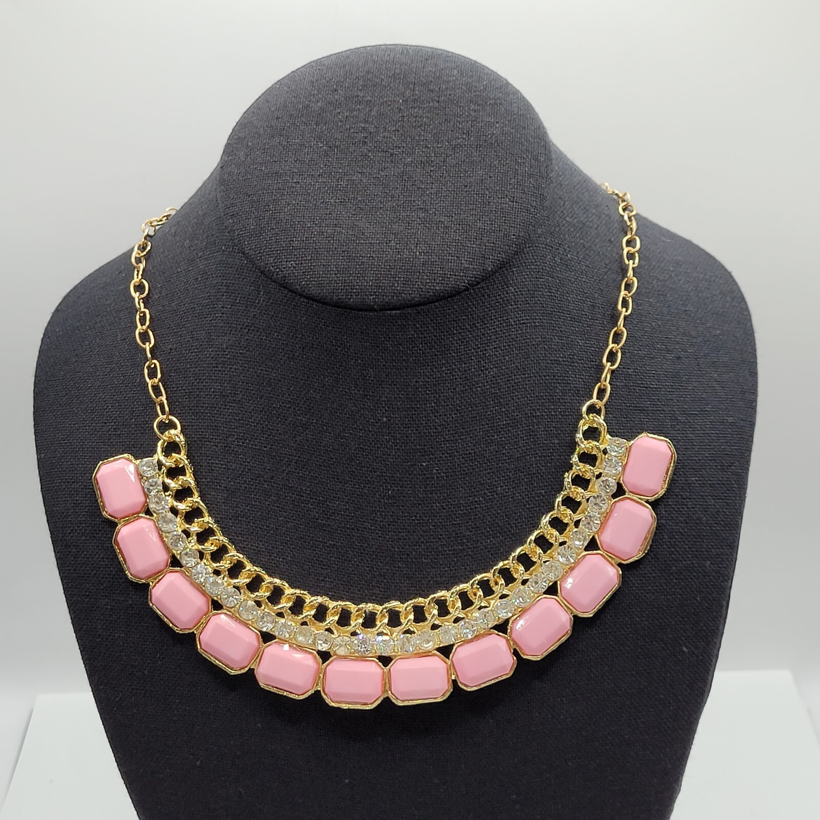 Fancy Rhinestone & Pink Acrylic with Milkglass Style Vintage Gold Tone Necklace