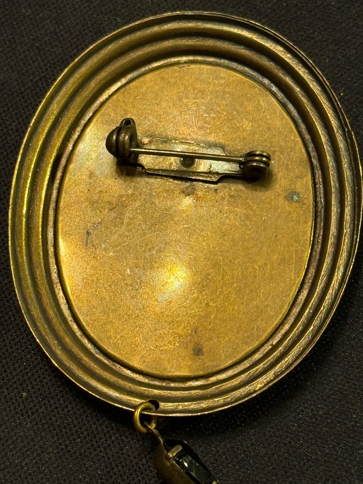 Antique Brooch w/ Picture of Flower Cart & Woman Dated Paris 1907 w/ Black Stone