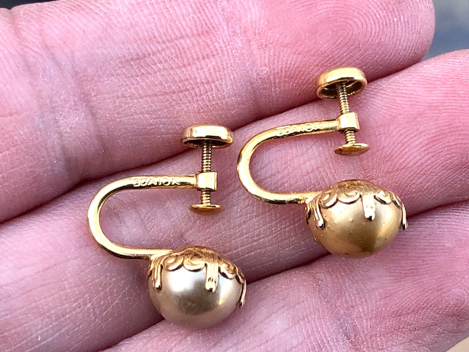 Vtg Art Deco 10K Gold BOA Faux Pearl Earrings- Budlong, Docherty, & Armstrong