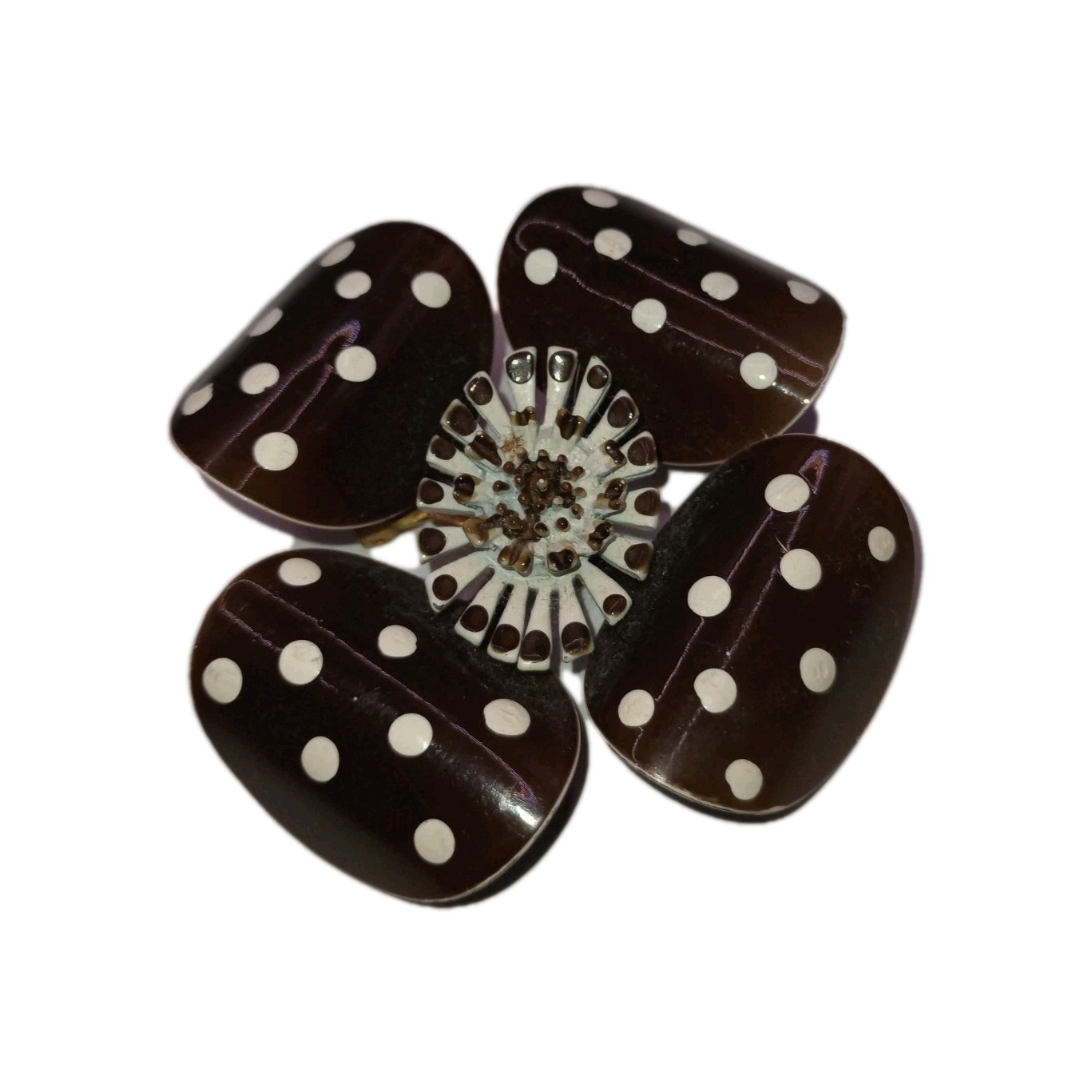 Vintage 1960s Brown White Enamel Brooch Polka Dot Flower Pin Large 2 3/4 in D