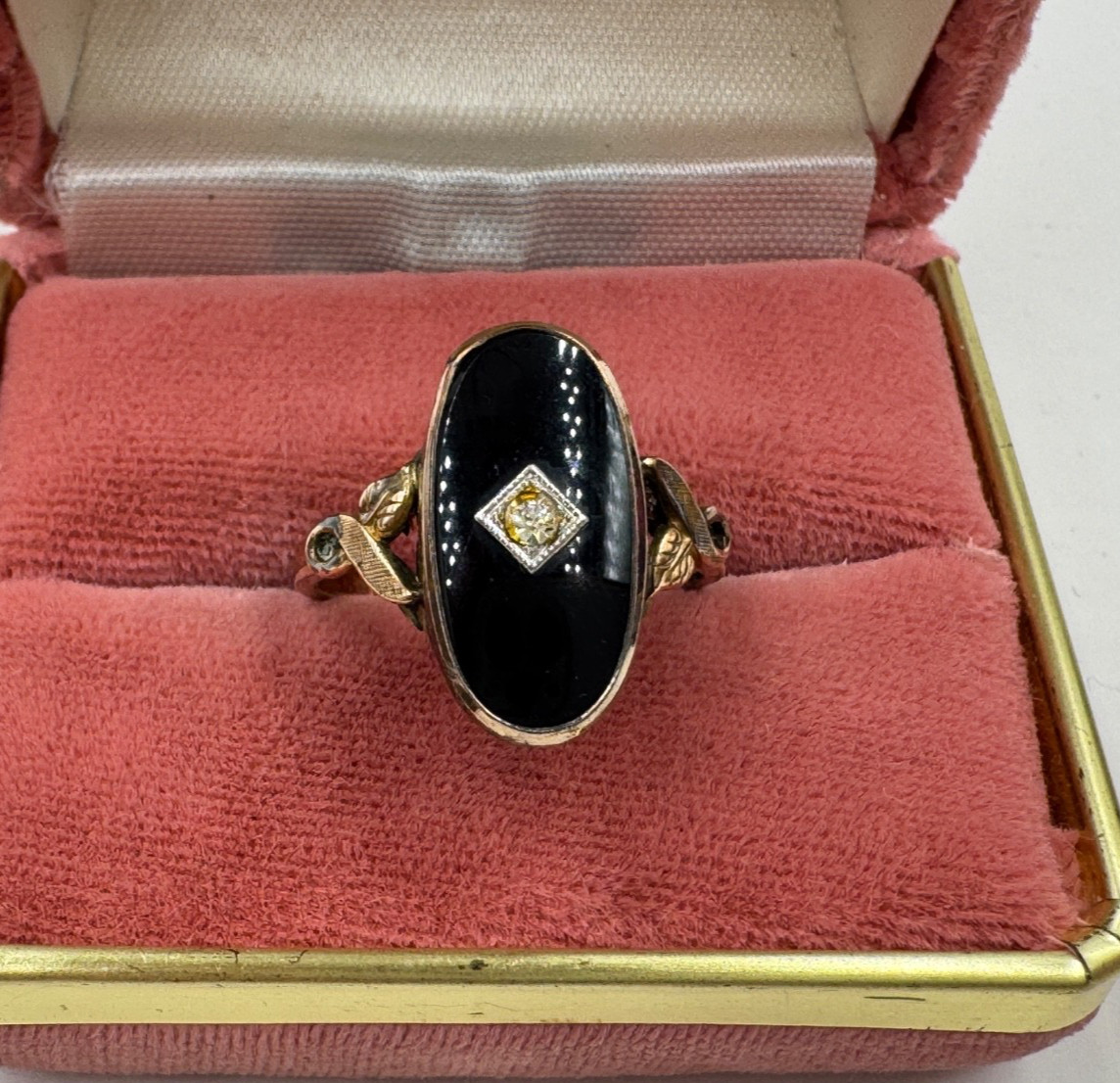 ANTIQUE VICTORIAN RING 10K GOLD FILLED SIGNED HALLMARKED ONYX DIAMOND LARGE 9.25