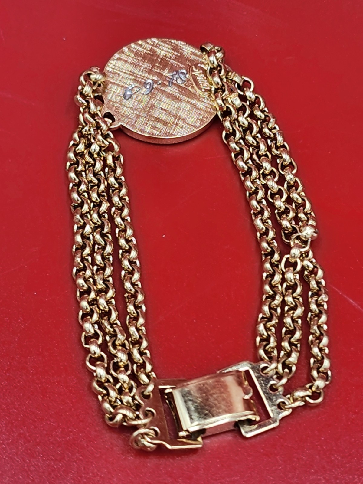 Vintage Speidel 1970s Engrave ID- style Plate Triple Band Gold Metal Bracelet
