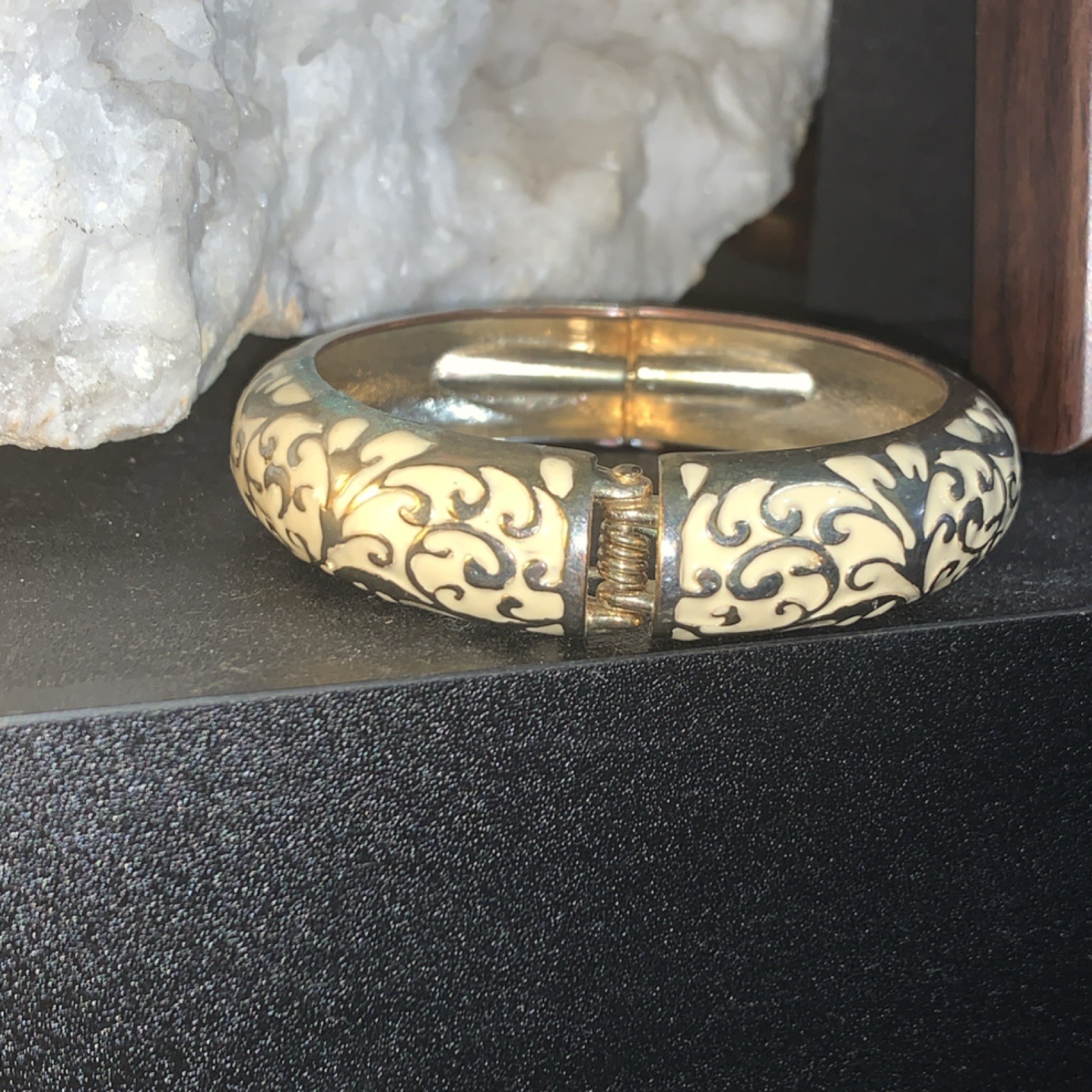 Vintage Ivory and Gold Enamel Hinged Bangle Bracelet Metal Floral Design