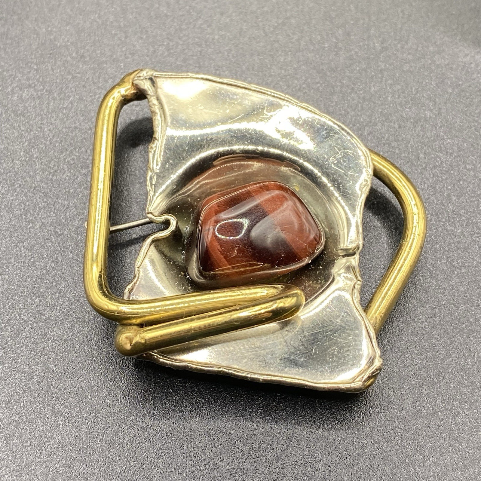 Vintage Brutalist Agate Brooch Abstract Two Toned