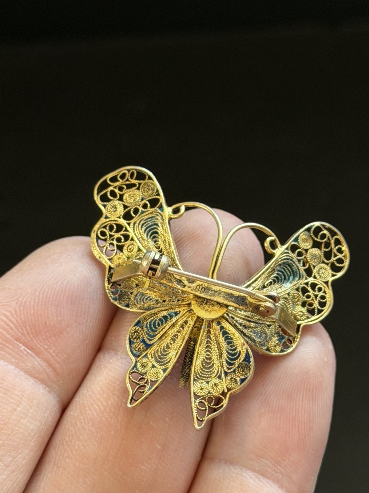 Vintage 800 FIne Silver Gold FInish Multi-Color Enamel Filigree Butterfly Brooch