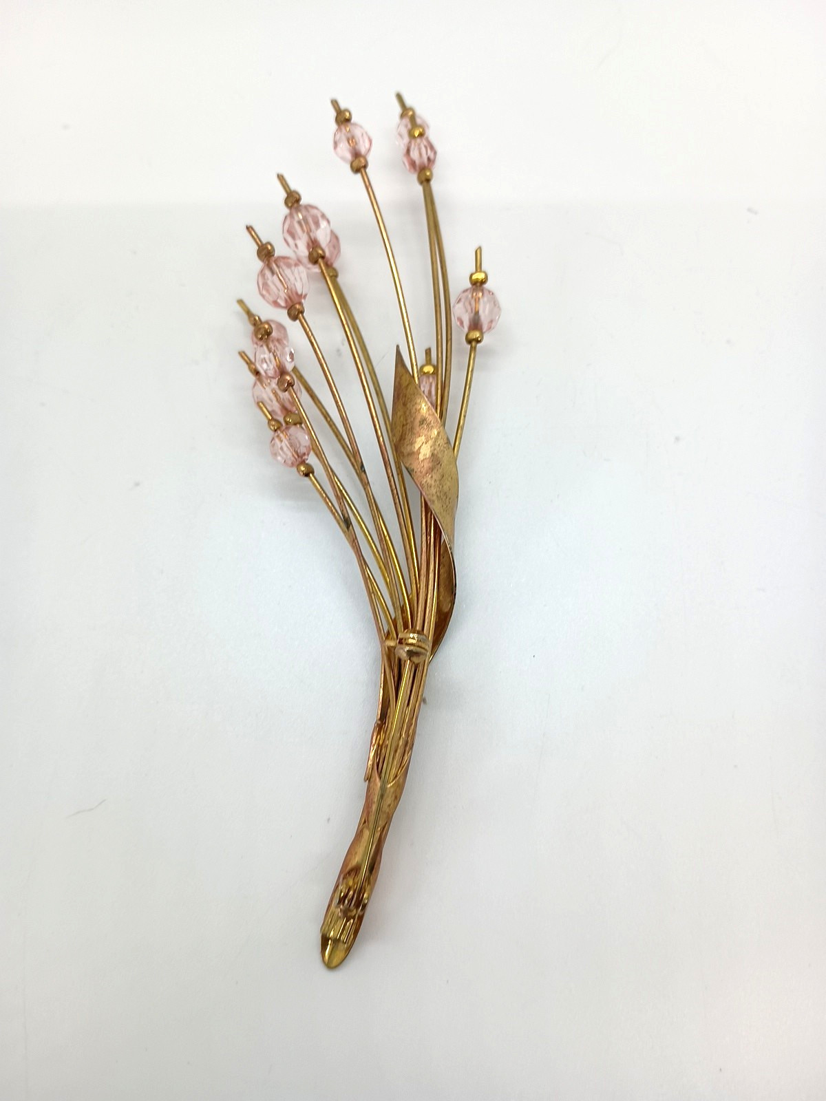 Vintage Gold Tone Brooch Pink Crystal Bead Spray Cattail VGC Retro