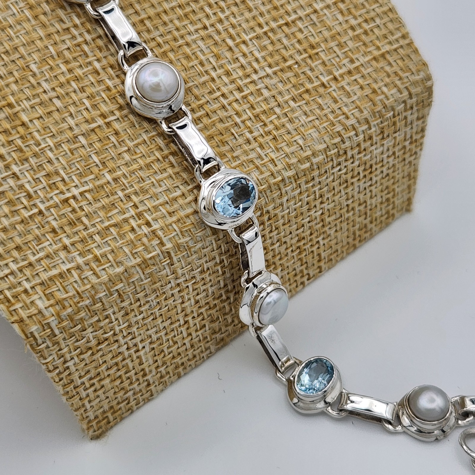 Blue Topaz Bracelet Pearl Sterling Silver Link Gemstone Bezel 925