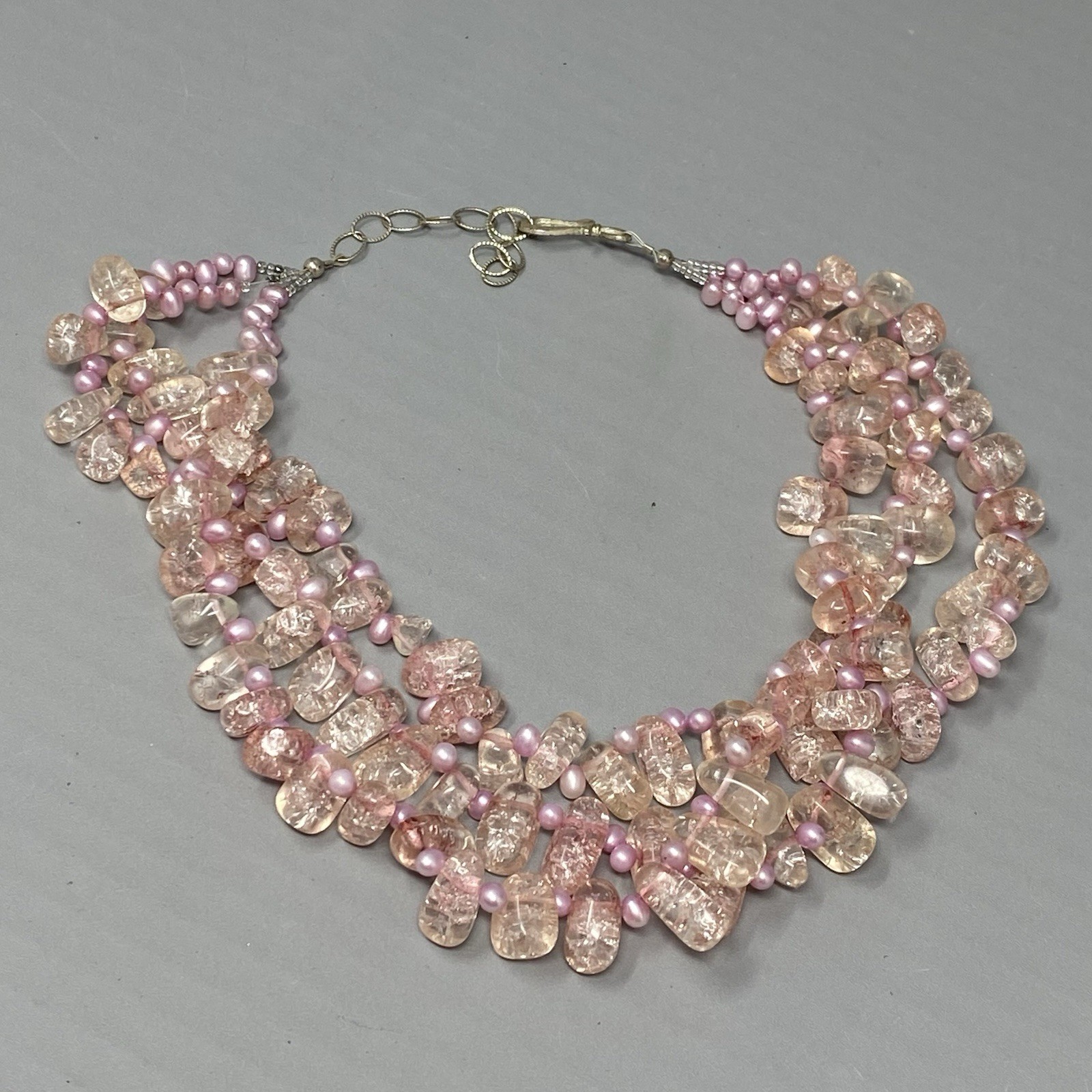 Glass Necklace Pink Crackled Baroque Teardrop Beads Fringe Layered AS IS 18″