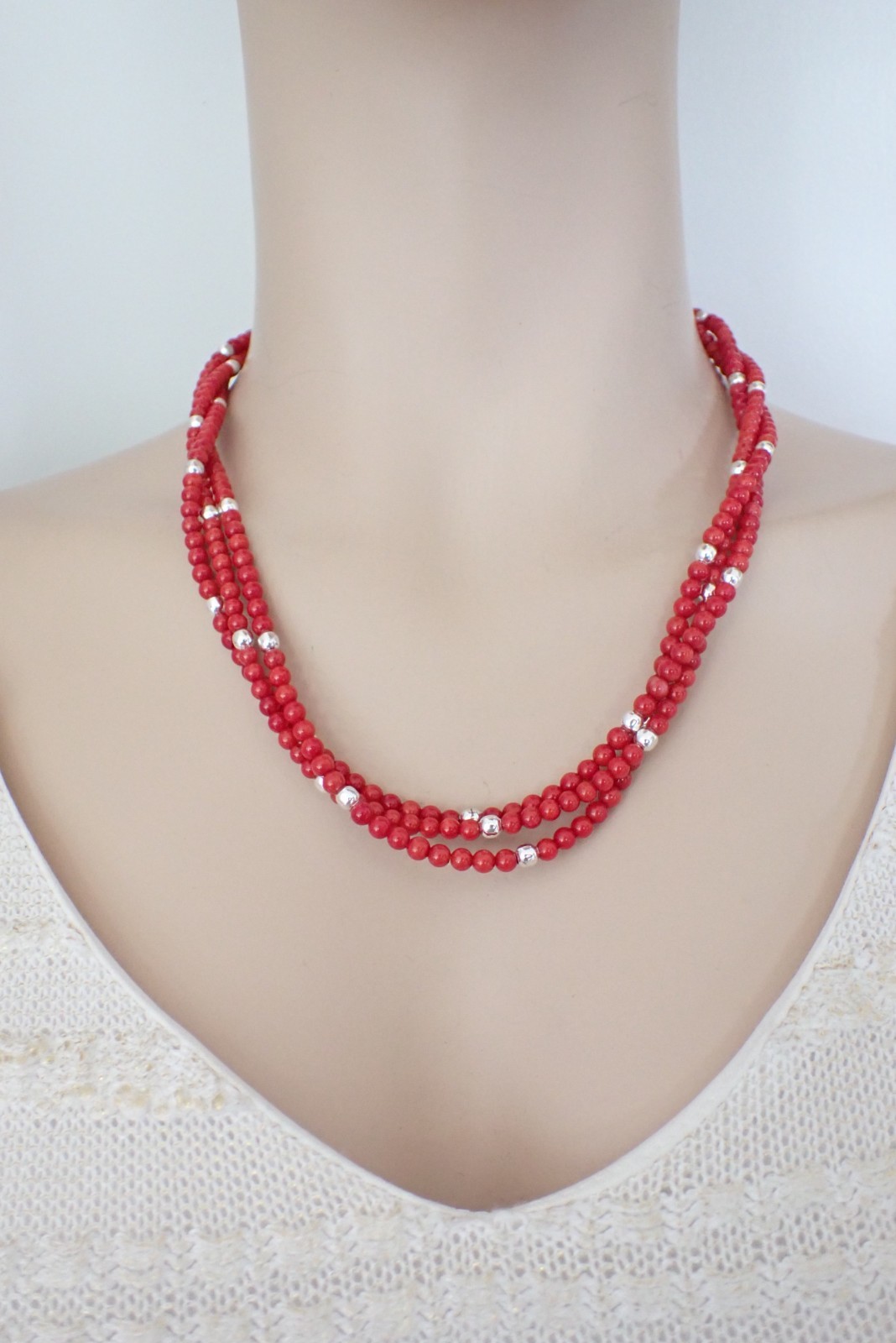 Vintage Sterling Silver & Red Coral Bead Necklace 3 Strands 19″ Long