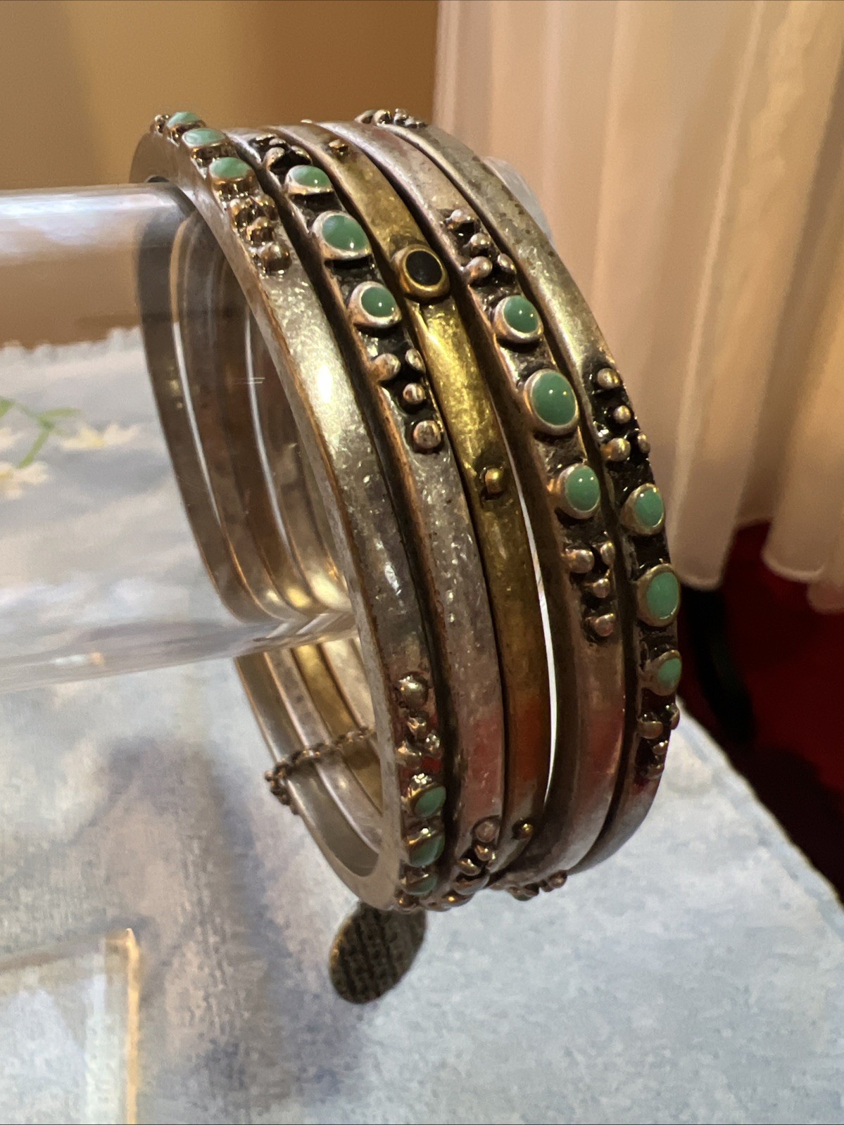 Vtg Brass Silver Tone 5 Stacking Southwest Turquoise Enamel Bangle Bracelet Lot